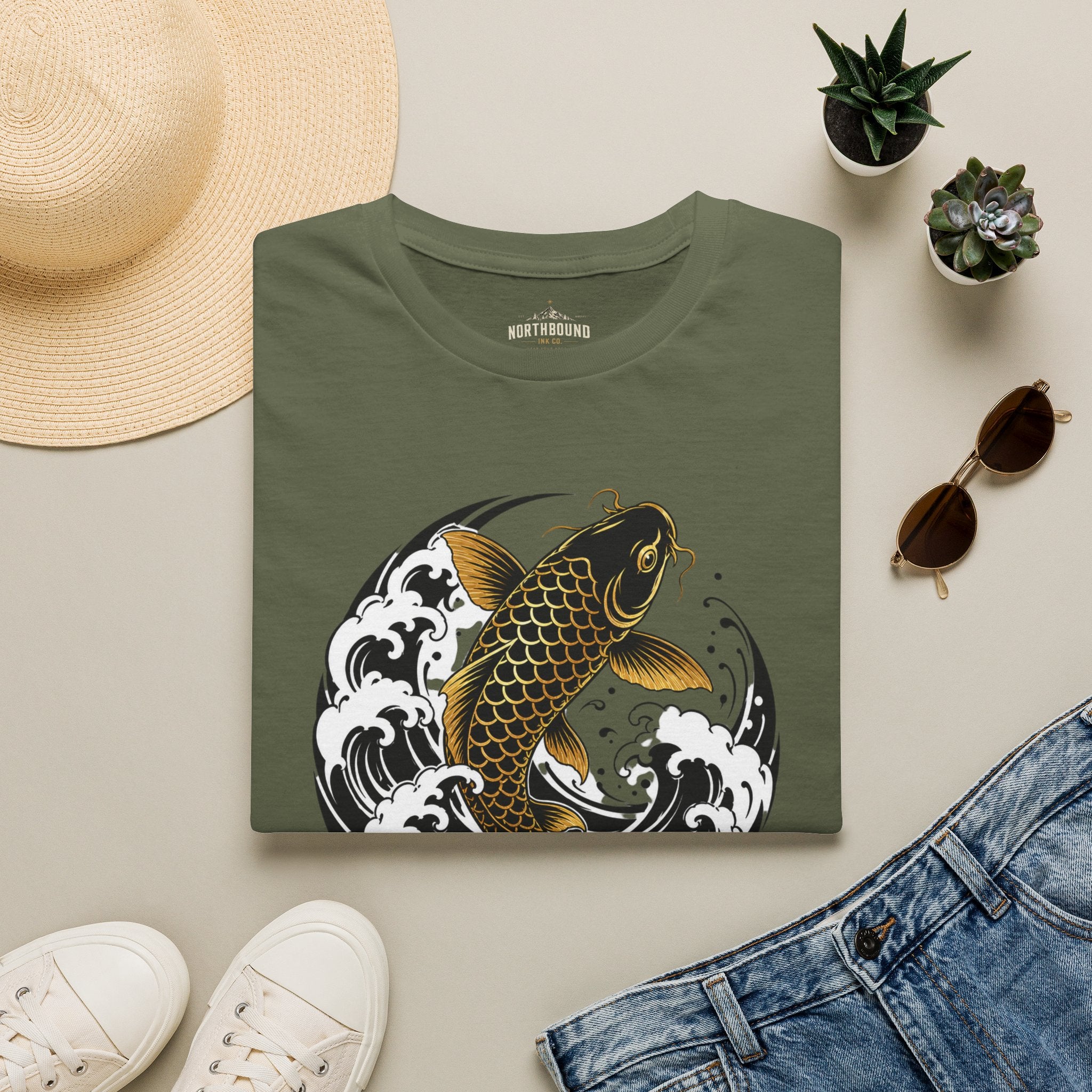 Koi Fish T-Shirt — Black & Gold Japanese Wave Graphic