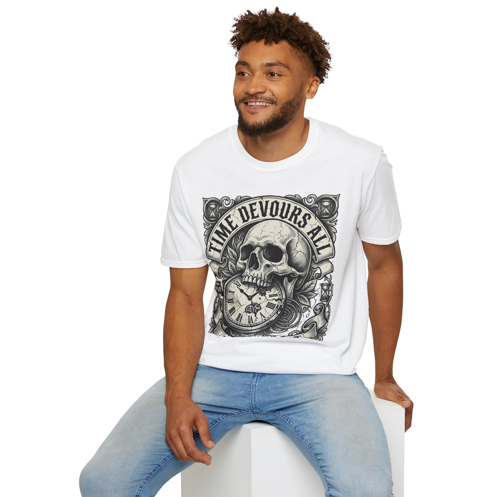 Time Devours All Skull T-Shirt – Vintage Gothic Skull & Pocket Watch Tee