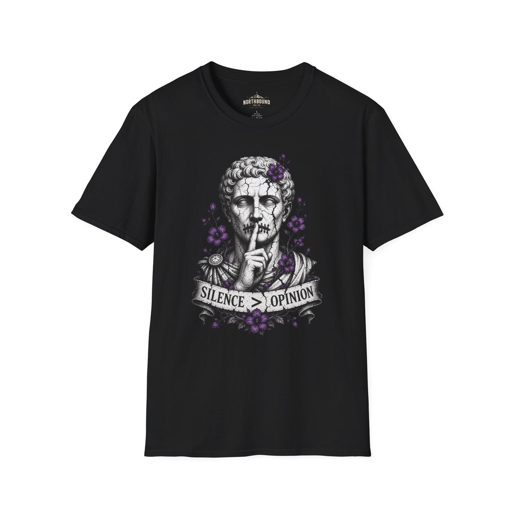 Statue 'Silence Is Opinion' T-Shirt — Gothic Floral Graphic Tee