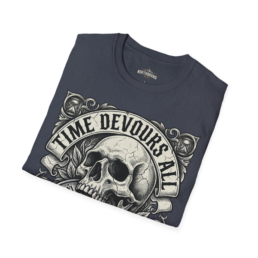 Time Devours All Skull T-Shirt – Vintage Gothic Skull & Pocket Watch Tee