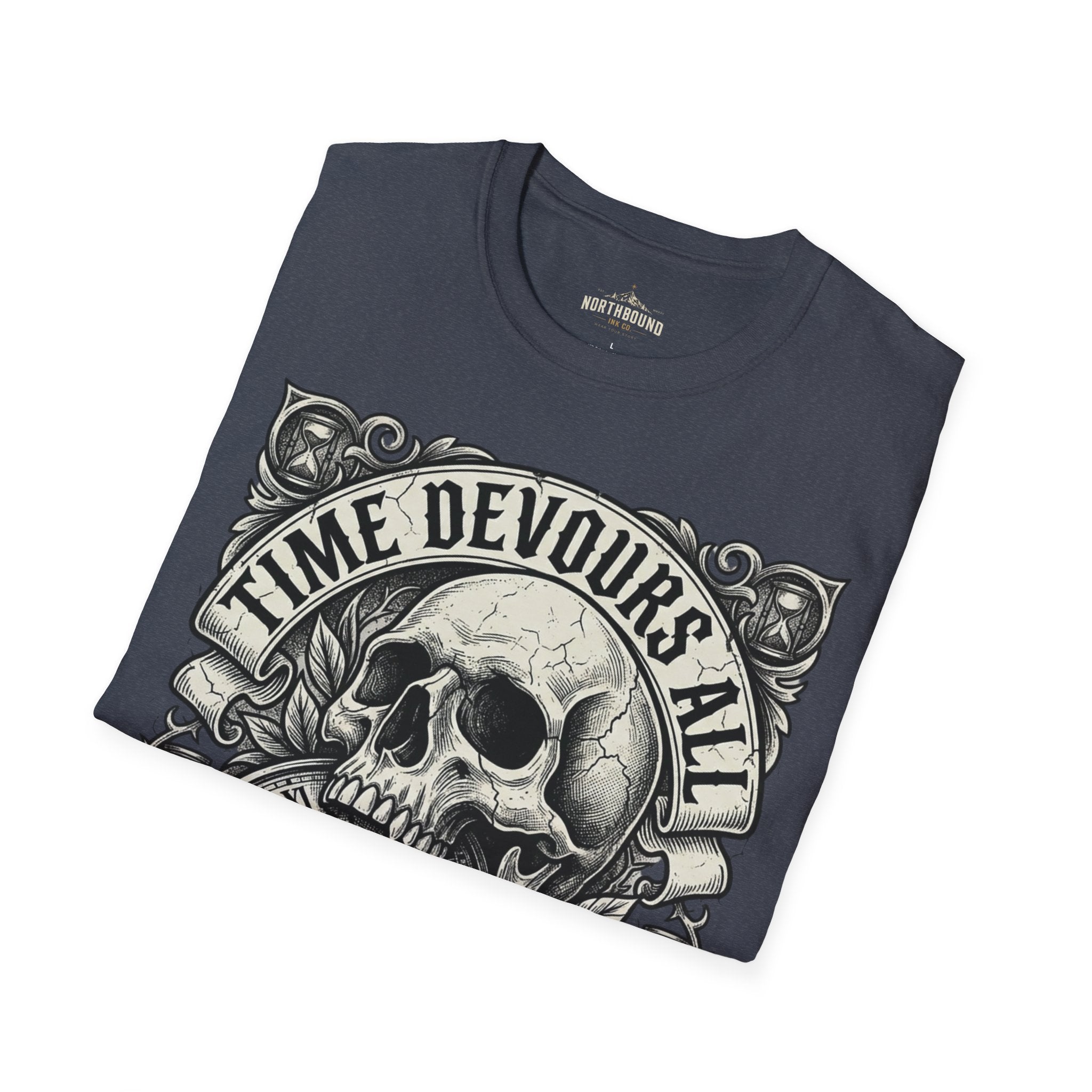 Time Devours All Skull T-Shirt – Vintage Gothic Skull & Pocket Watch Tee