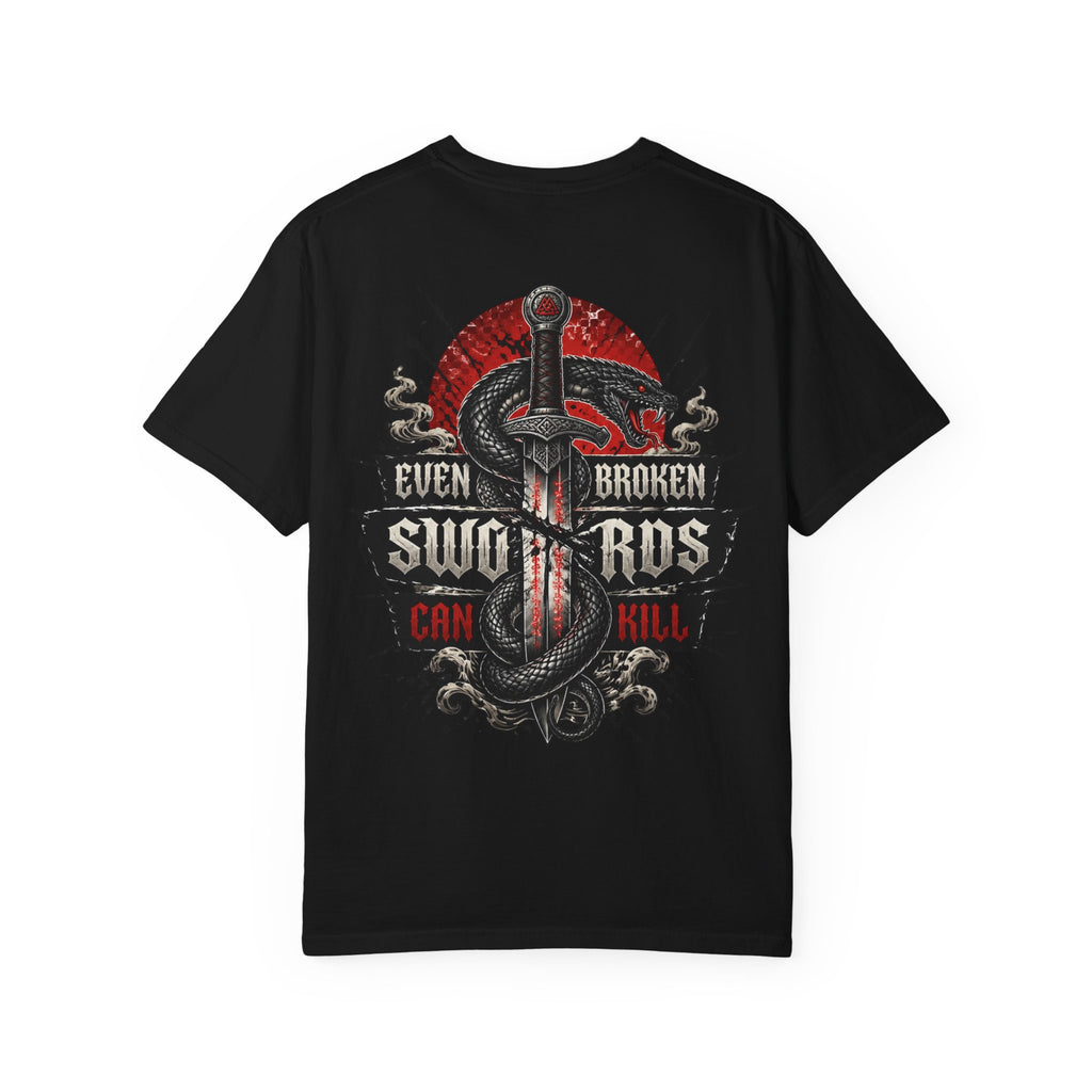 Graphic T-Shirt — "Even Broken Swords Can Kill" Snake & Dagger Back Print