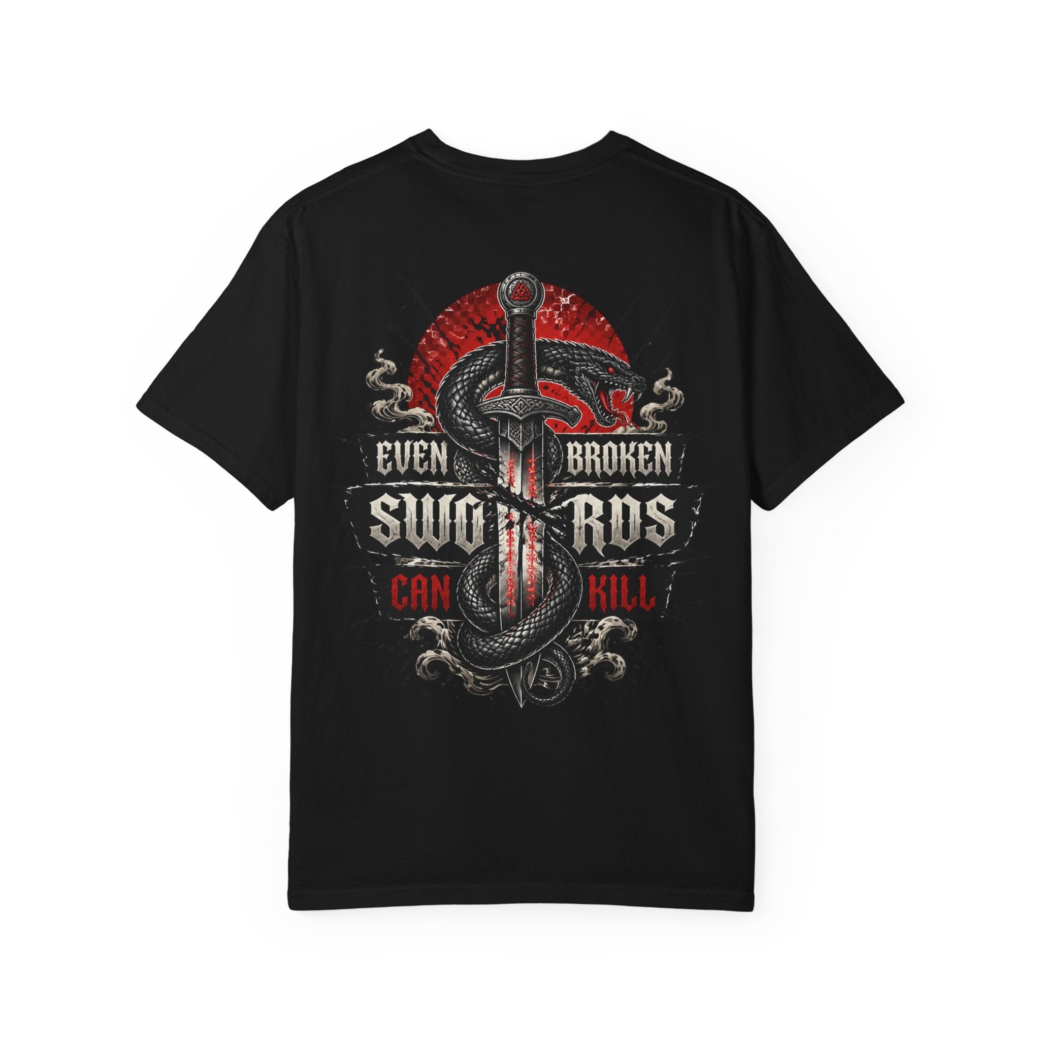 Graphic T-Shirt — "Even Broken Swords Can Kill" Snake & Dagger Back Print