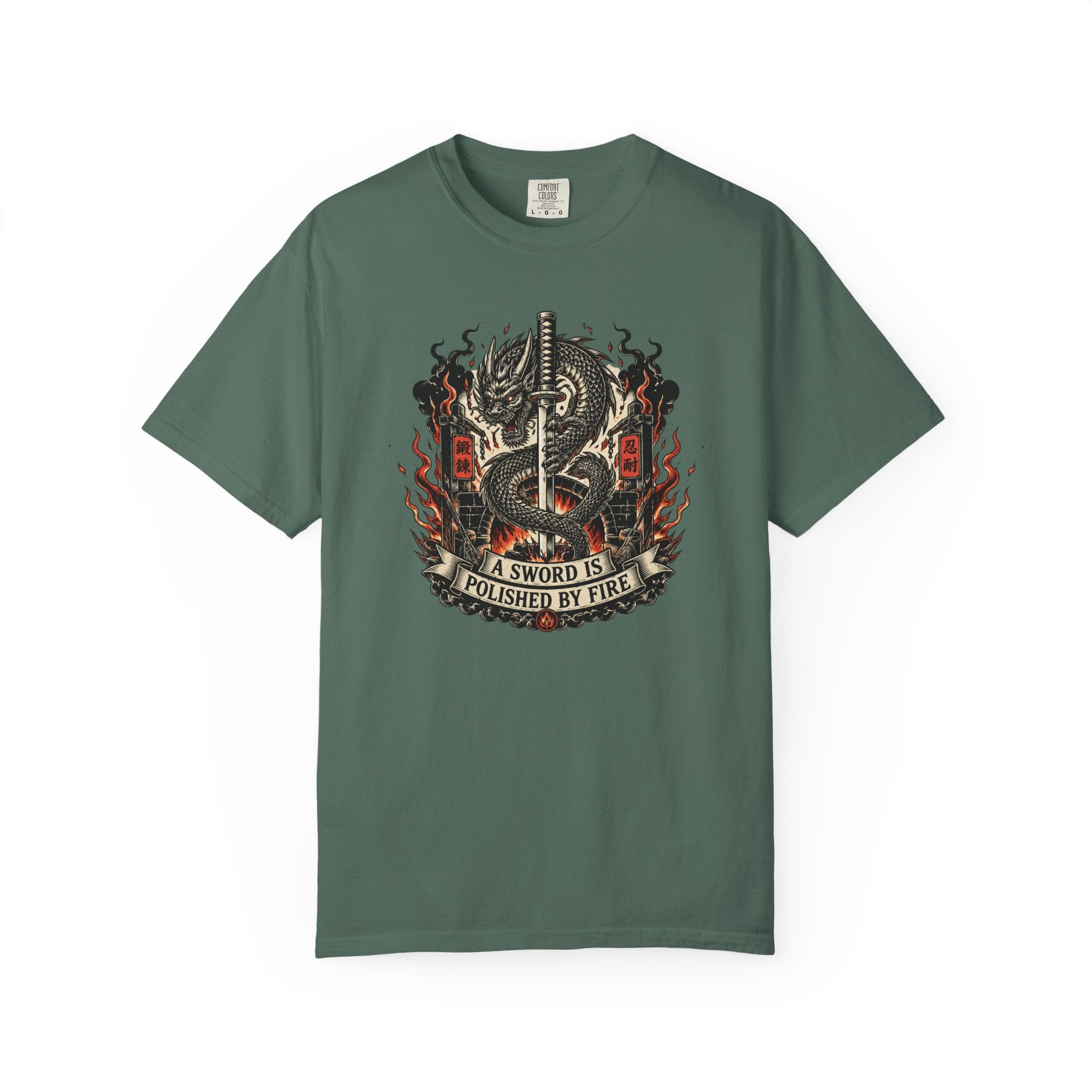 Sword & Flame Graphic T-Shirt — "A Sword Is Polished By Fire"