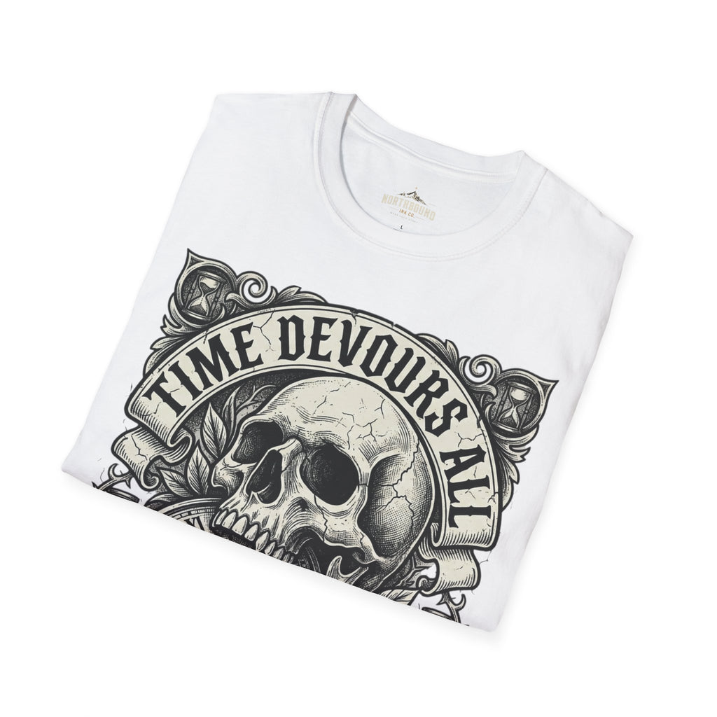 Time Devours All Skull T-Shirt – Vintage Gothic Skull & Pocket Watch Tee
