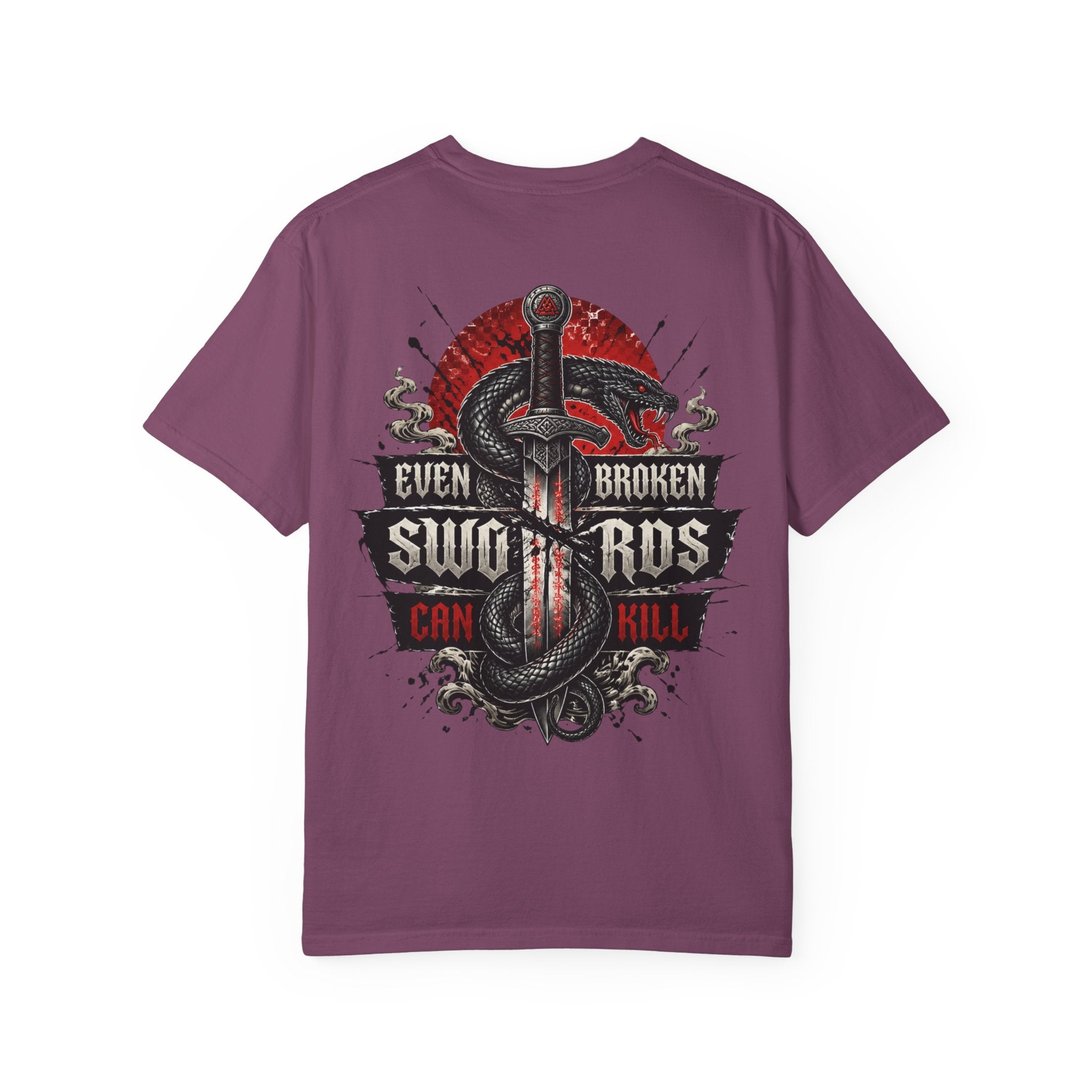 Graphic T-Shirt — "Even Broken Swords Can Kill" Snake & Dagger Back Print