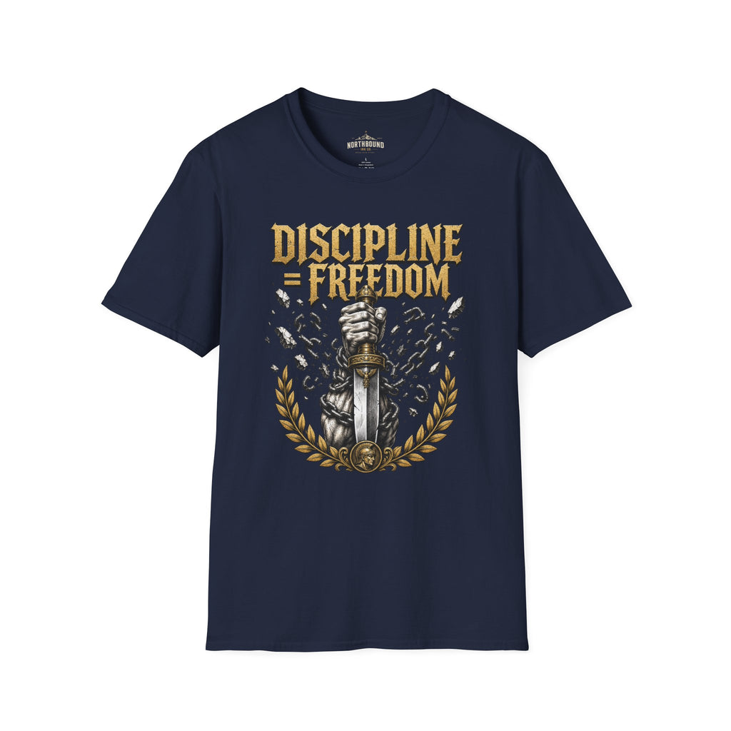 Discipline = Freedom T-Shirt — Motivational Sword & Fist Design