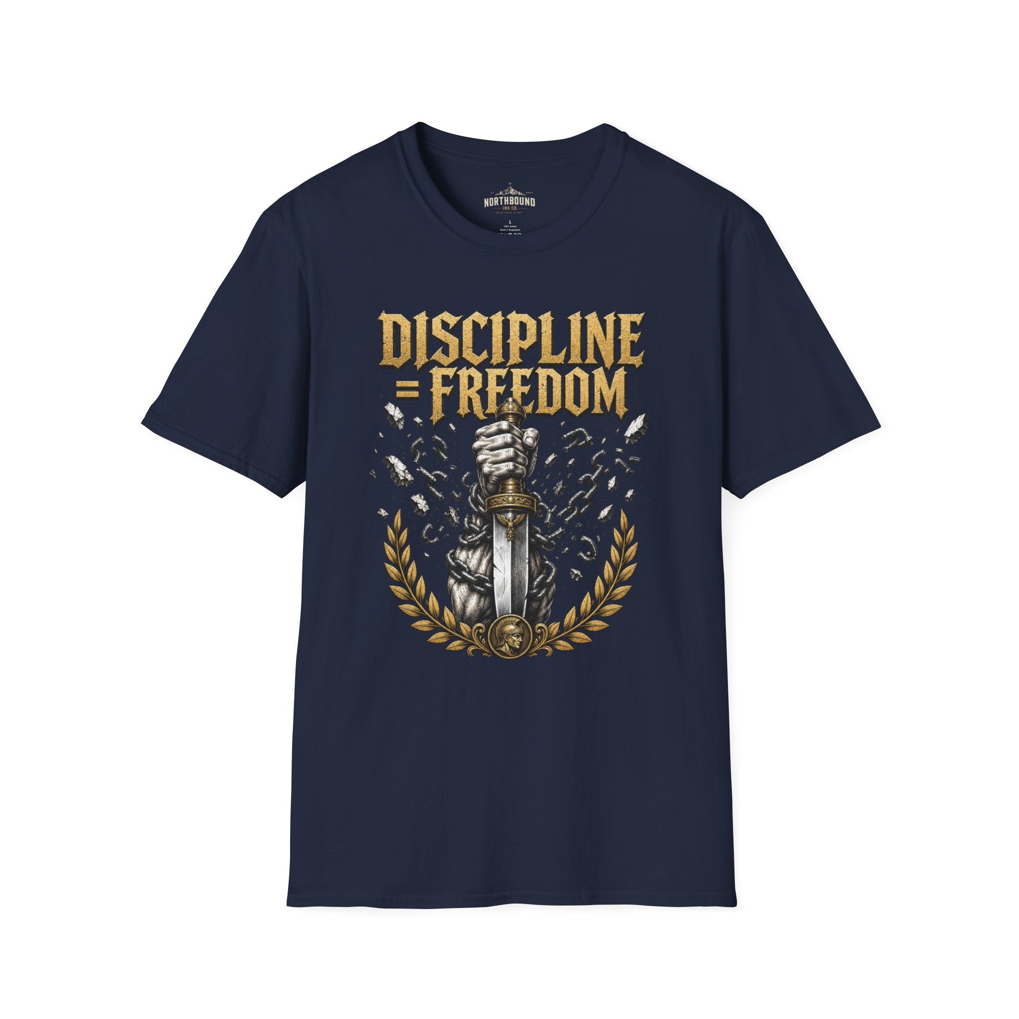 Discipline = Freedom T-Shirt — Motivational Sword & Fist Design