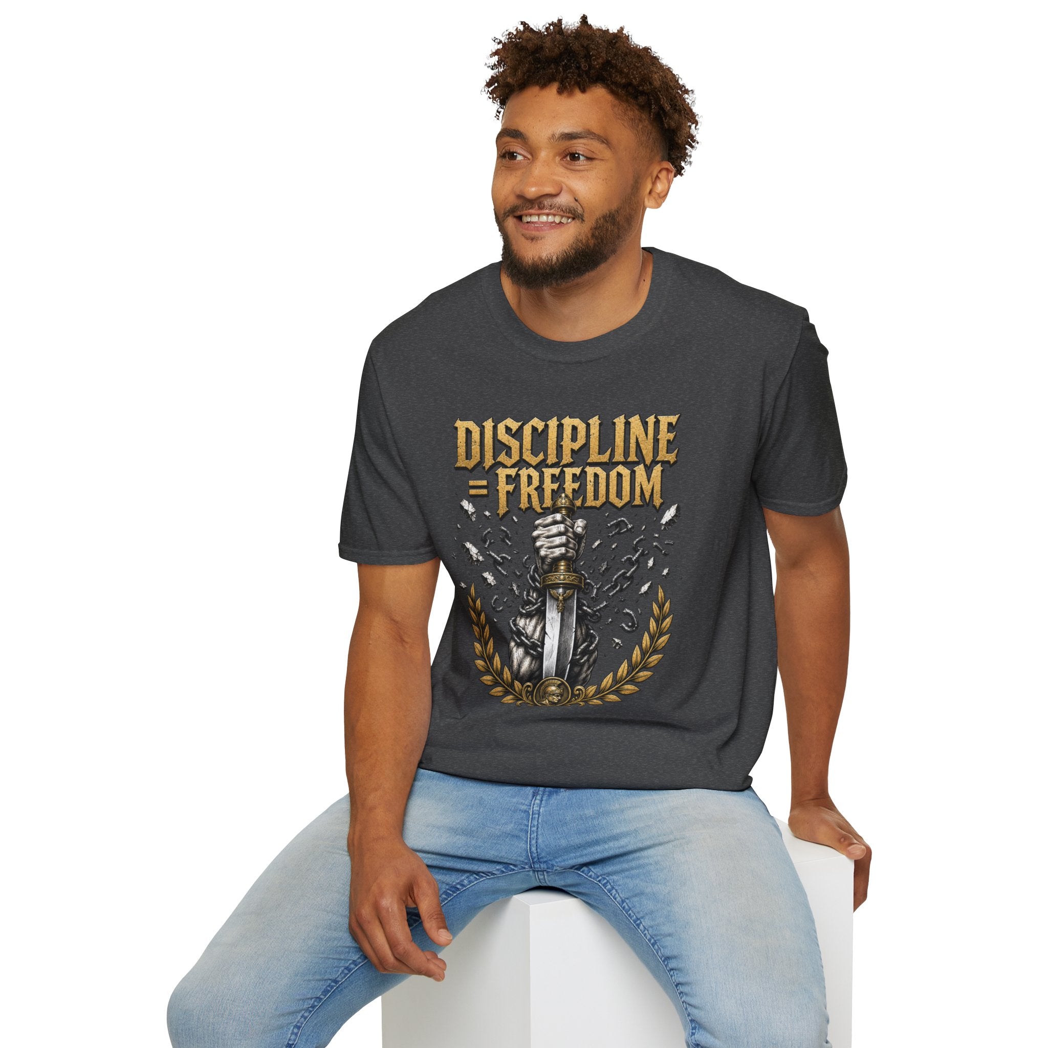 Discipline = Freedom T-Shirt — Motivational Sword & Fist Design