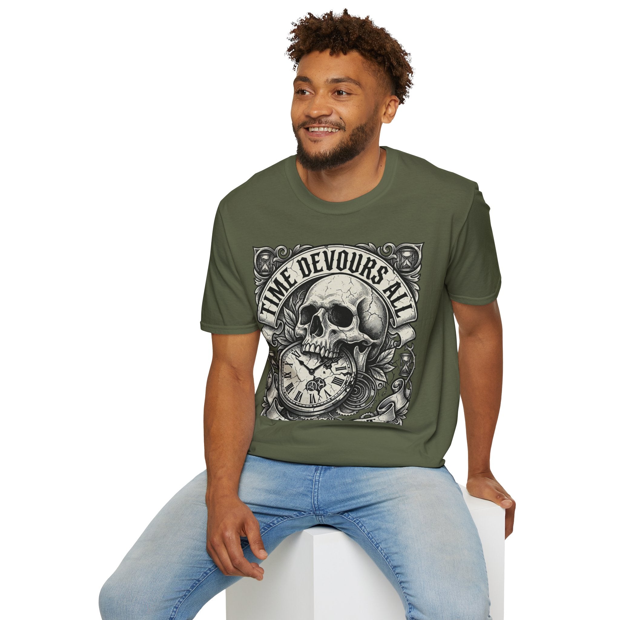 Time Devours All Skull T-Shirt – Vintage Gothic Skull & Pocket Watch Tee