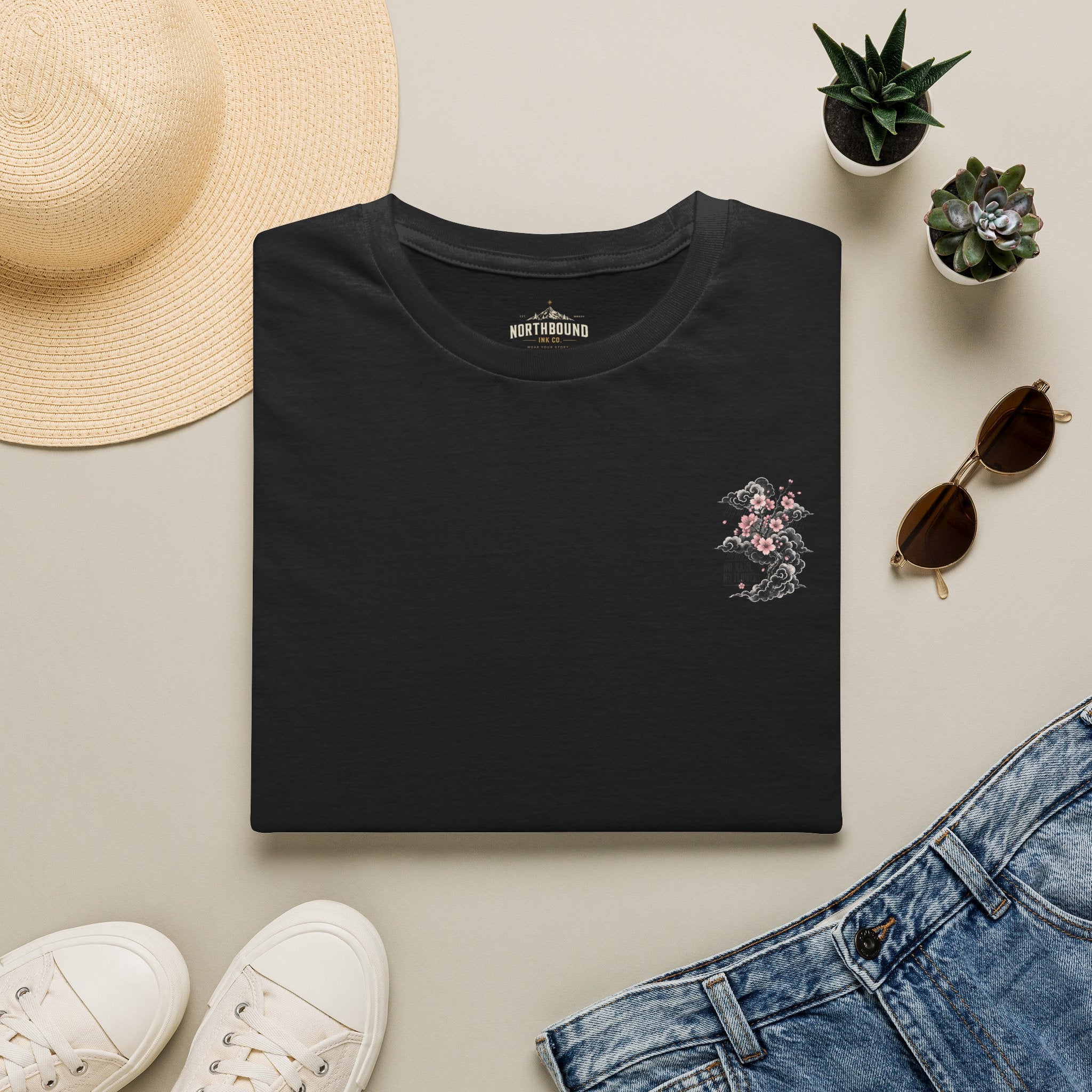 Floral Pocket Cat T‑Shirt — Petite Cherry Blossom Kitten Graphic