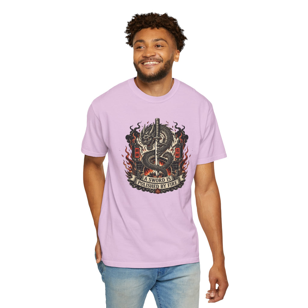 Sword & Flame Graphic T-Shirt — "A Sword Is Polished By Fire"