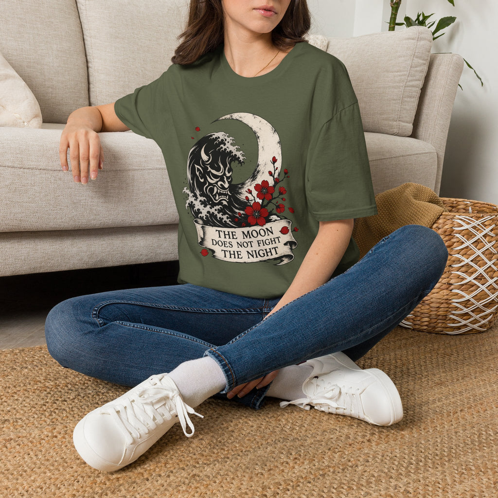 Moon & Wave Graphic T-Shirt — “The Moon Does Not Fight The Night” Inspirational Tee