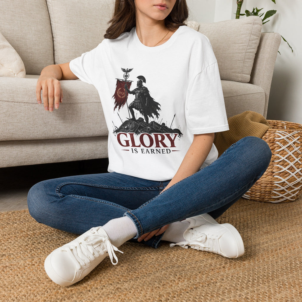 Gladiator Shield T-Shirt — "Glory Is Earned" Warrior Roman Tee