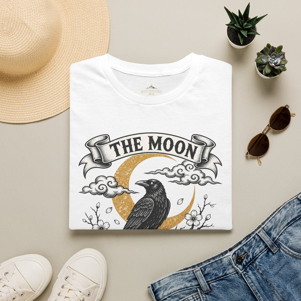 Moon & Raven T-Shirt — "The Moon Does Not Fight The Moon" Gothic Celestial Tee