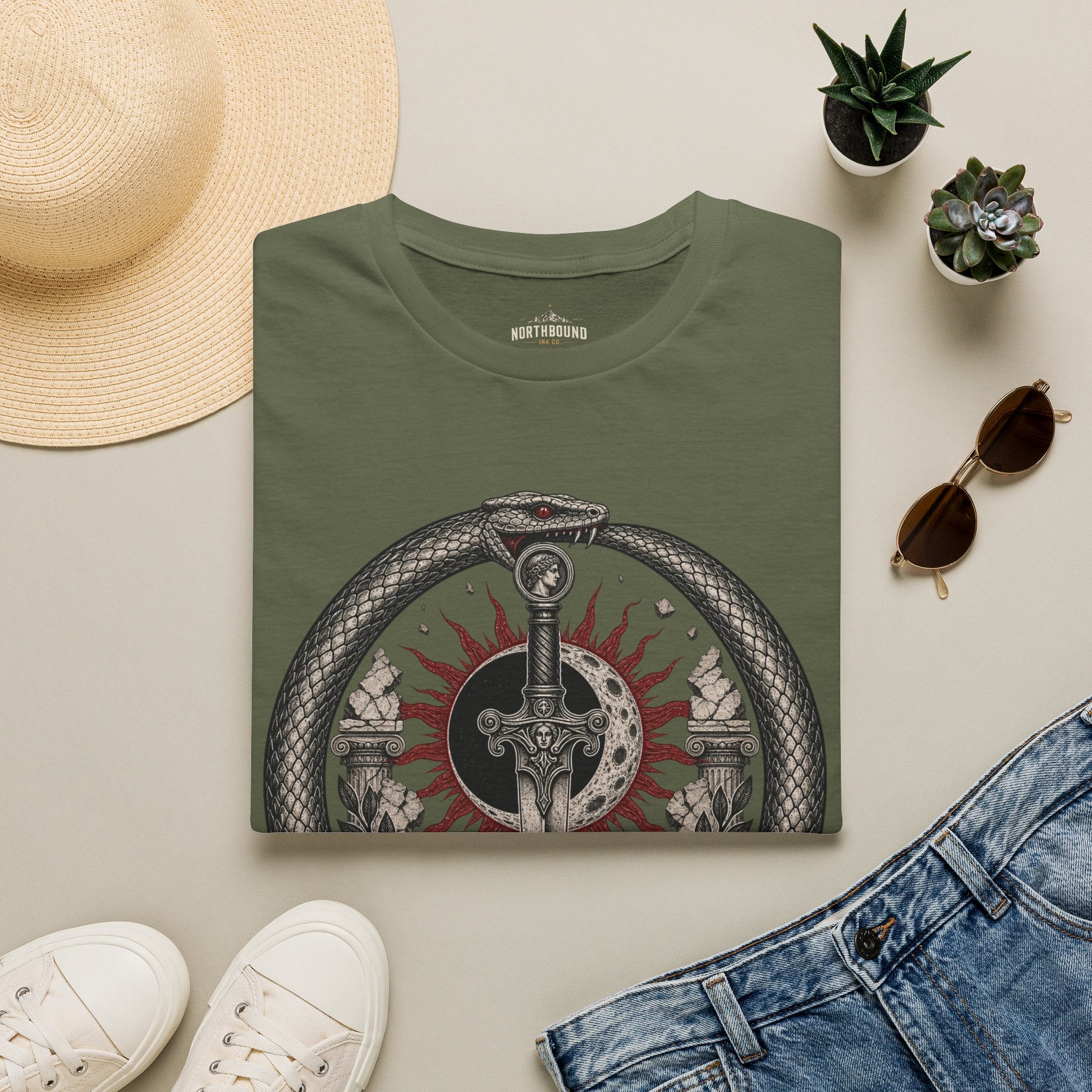 Amor Fati Sword T-Shirt — Sun & Ouroboros Graphic Tee