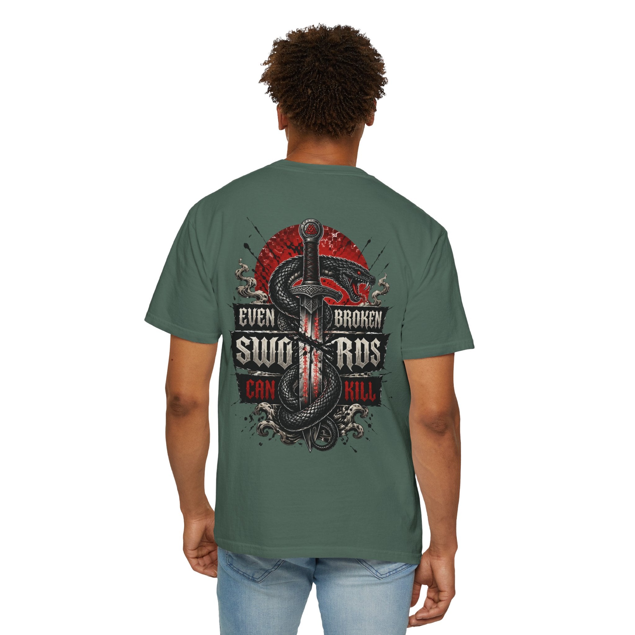 Graphic T-Shirt — "Even Broken Swords Can Kill" Snake & Dagger Back Print