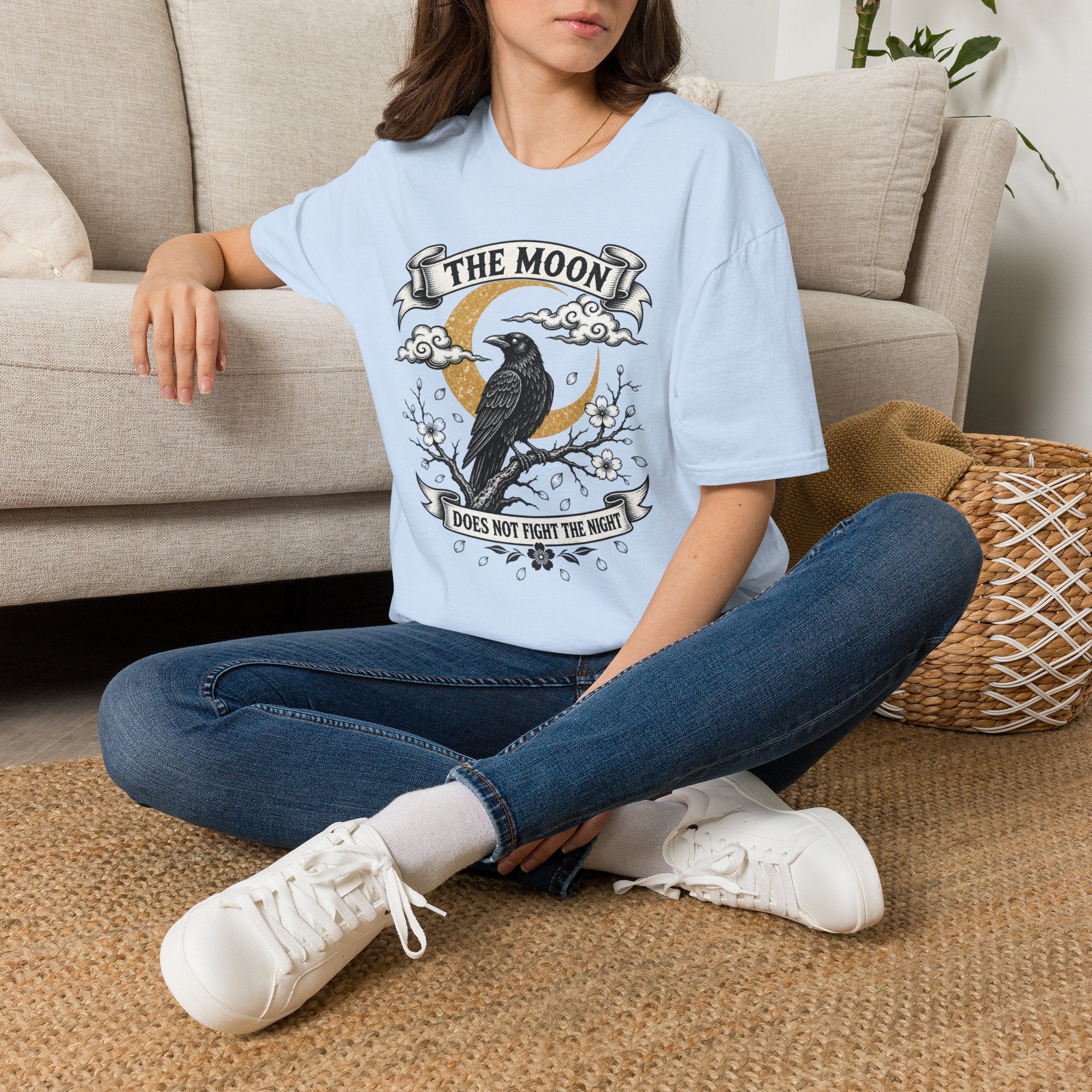 Moon & Raven T-Shirt — "The Moon Does Not Fight The Moon" Gothic Celestial Tee