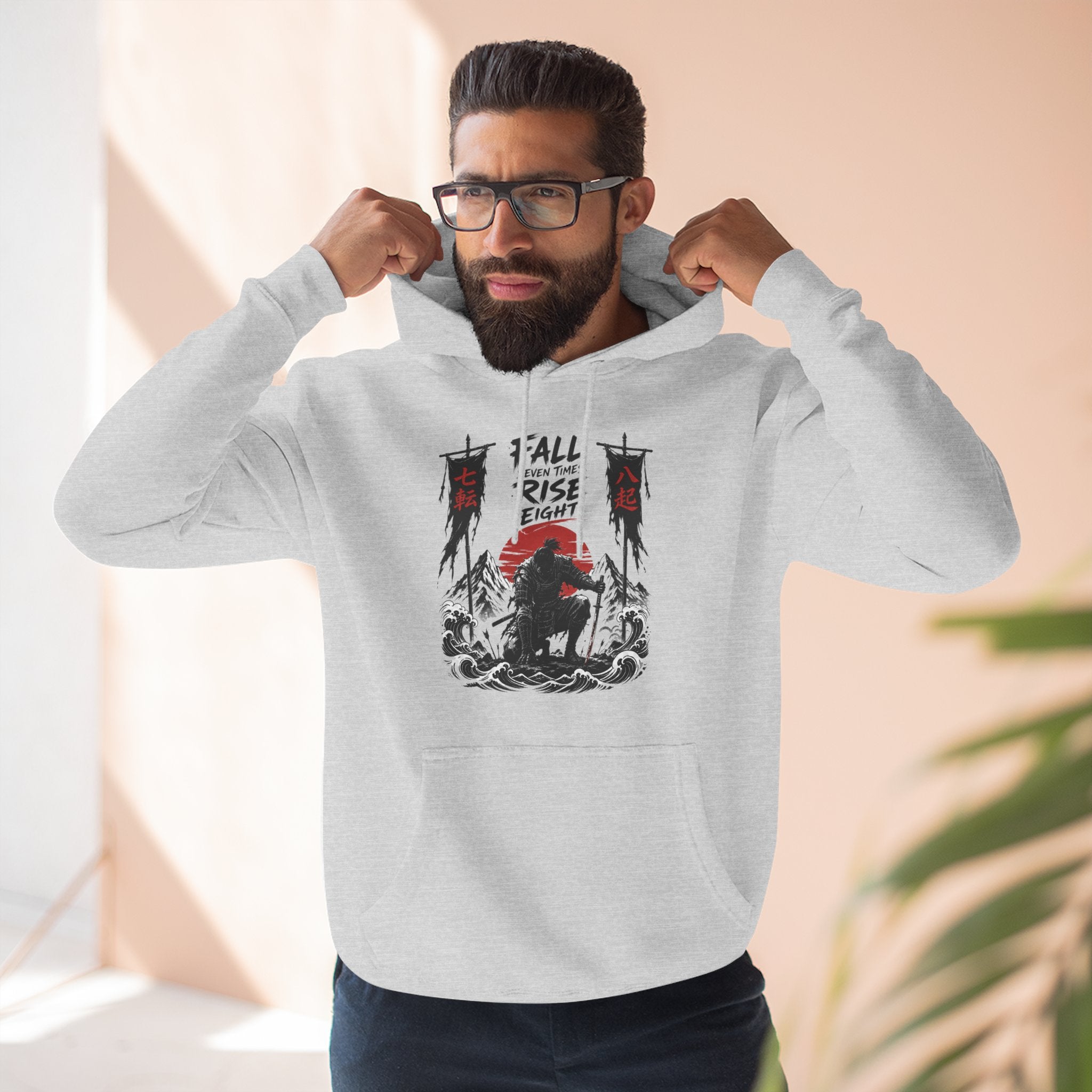Samurai Sunset Hoodie — "Fall Rise Fight" Graphic Fleece Hoodie