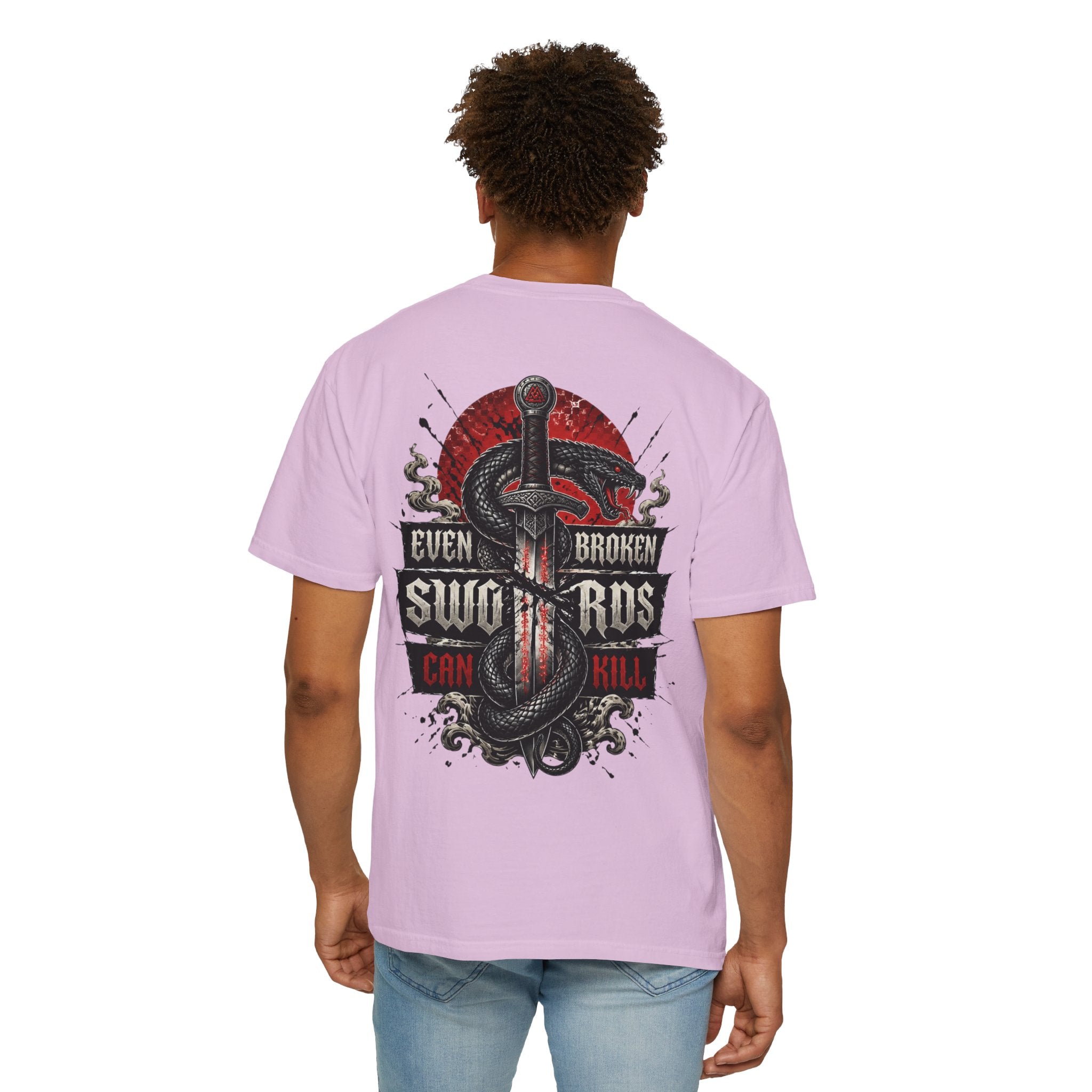 Graphic T-Shirt — "Even Broken Swords Can Kill" Snake & Dagger Back Print