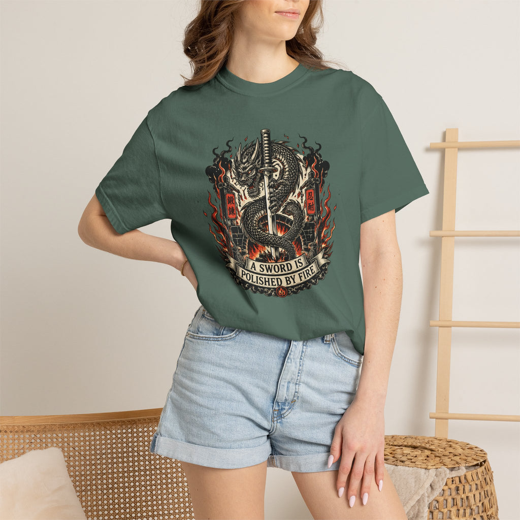 Sword & Flame Graphic T-Shirt — "A Sword Is Polished By Fire"