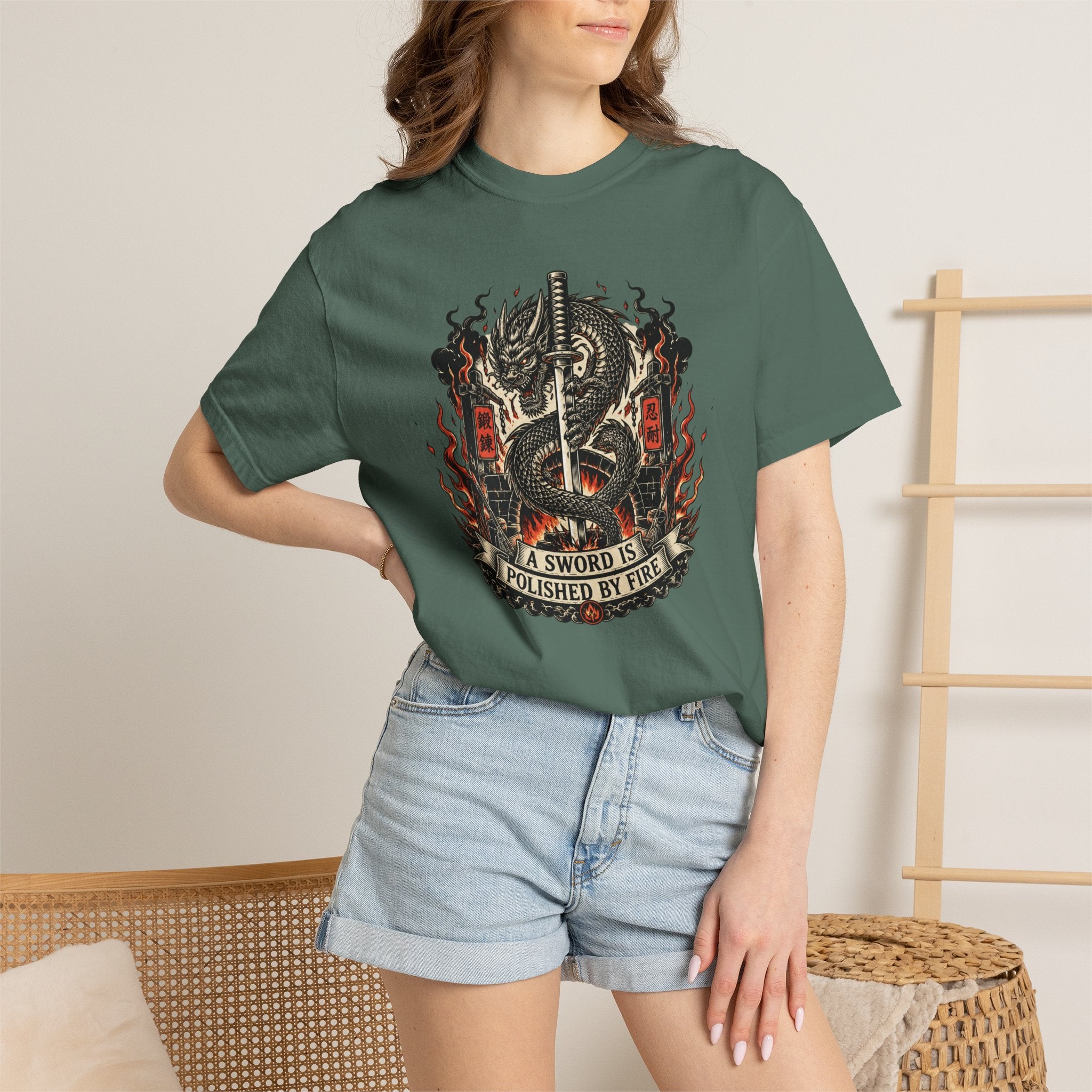 Sword & Flame Graphic T-Shirt — "A Sword Is Polished By Fire"