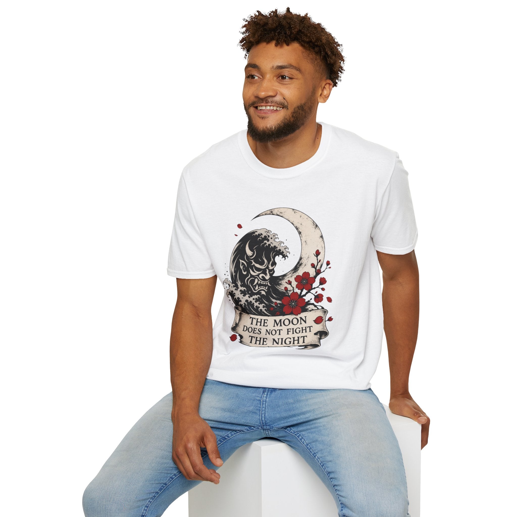 Moon & Wave Graphic T-Shirt — “The Moon Does Not Fight The Night” Inspirational Tee