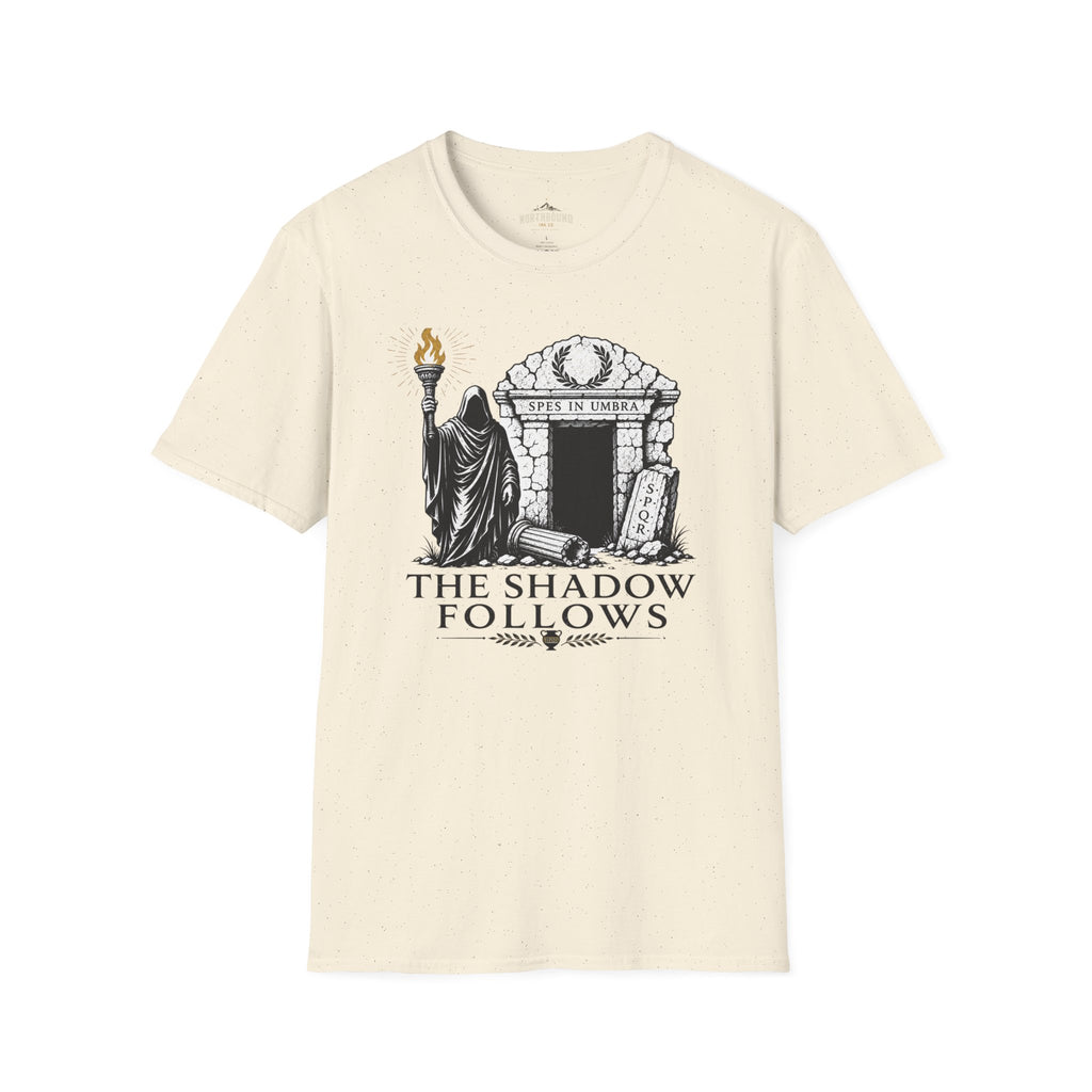 Gothic 'The Shadow Follows' T-Shirt — Cloaked Figure & Tombstone Design