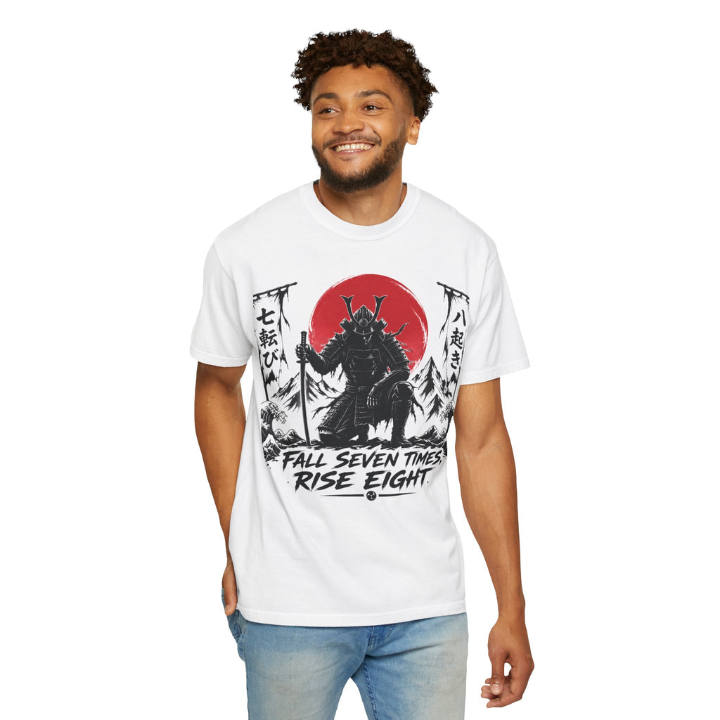 Samurai with Red Sun "Fall Seven Times Rise Eight" T-shirt | Japanese Warrior Tee