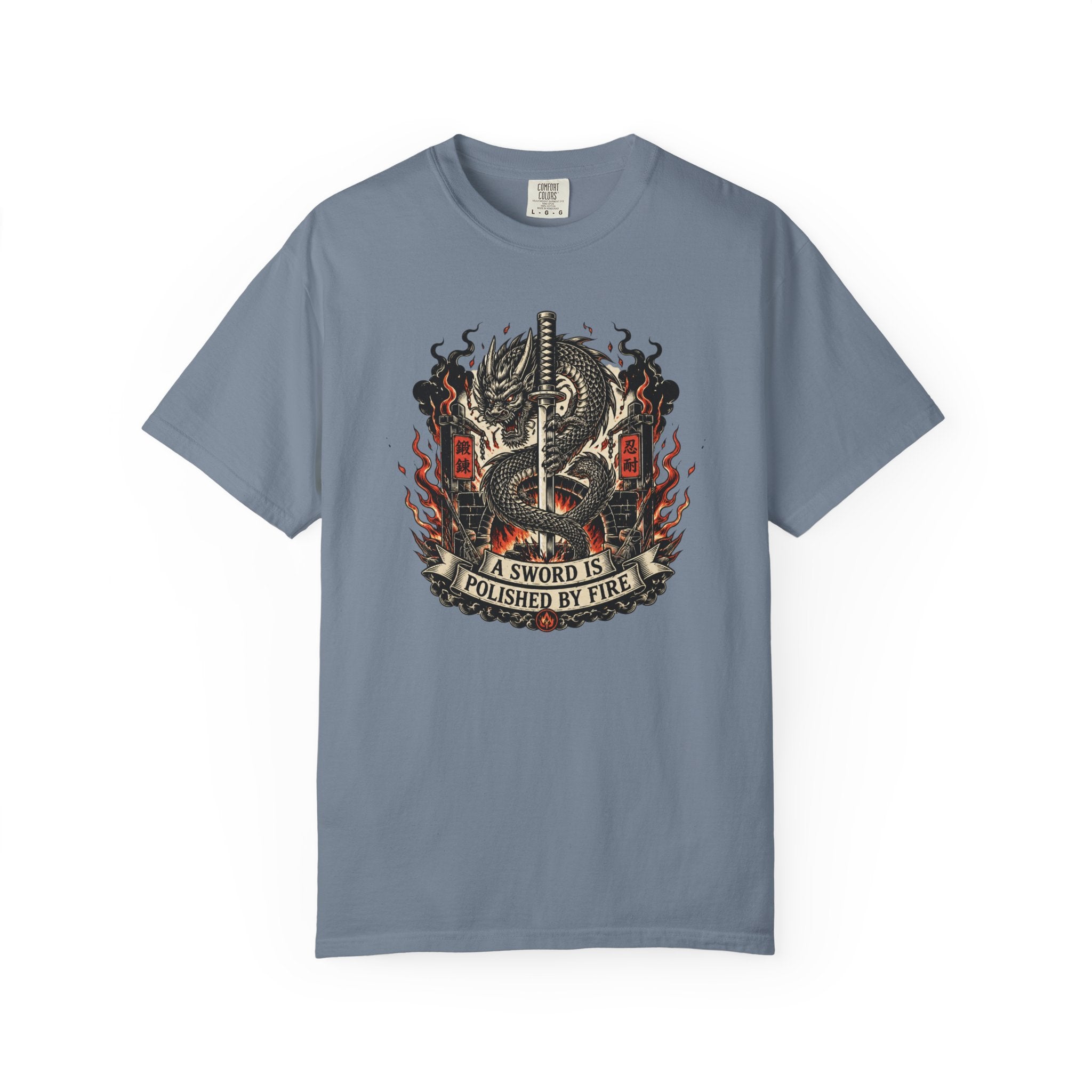 Sword & Flame Graphic T-Shirt — "A Sword Is Polished By Fire"