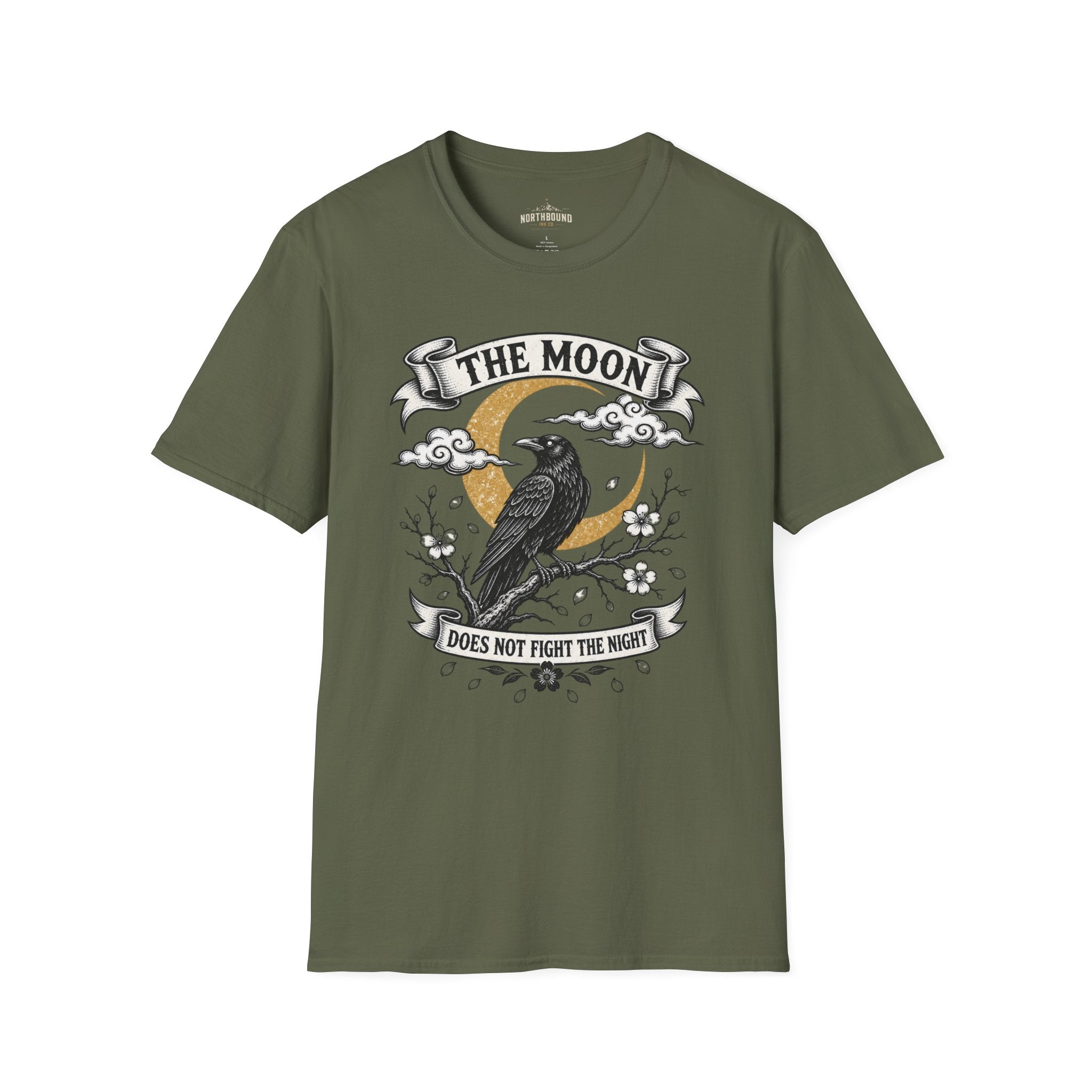 Moon & Raven T-Shirt — "The Moon Does Not Fight The Moon" Gothic Celestial Tee