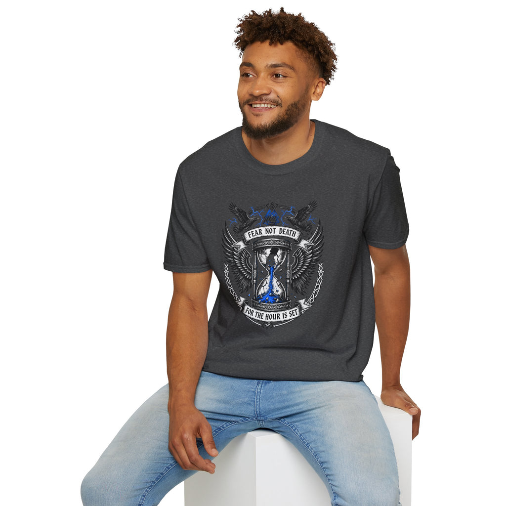 Fear Not Death T‑Shirt — Viking Hourglass Shield Design