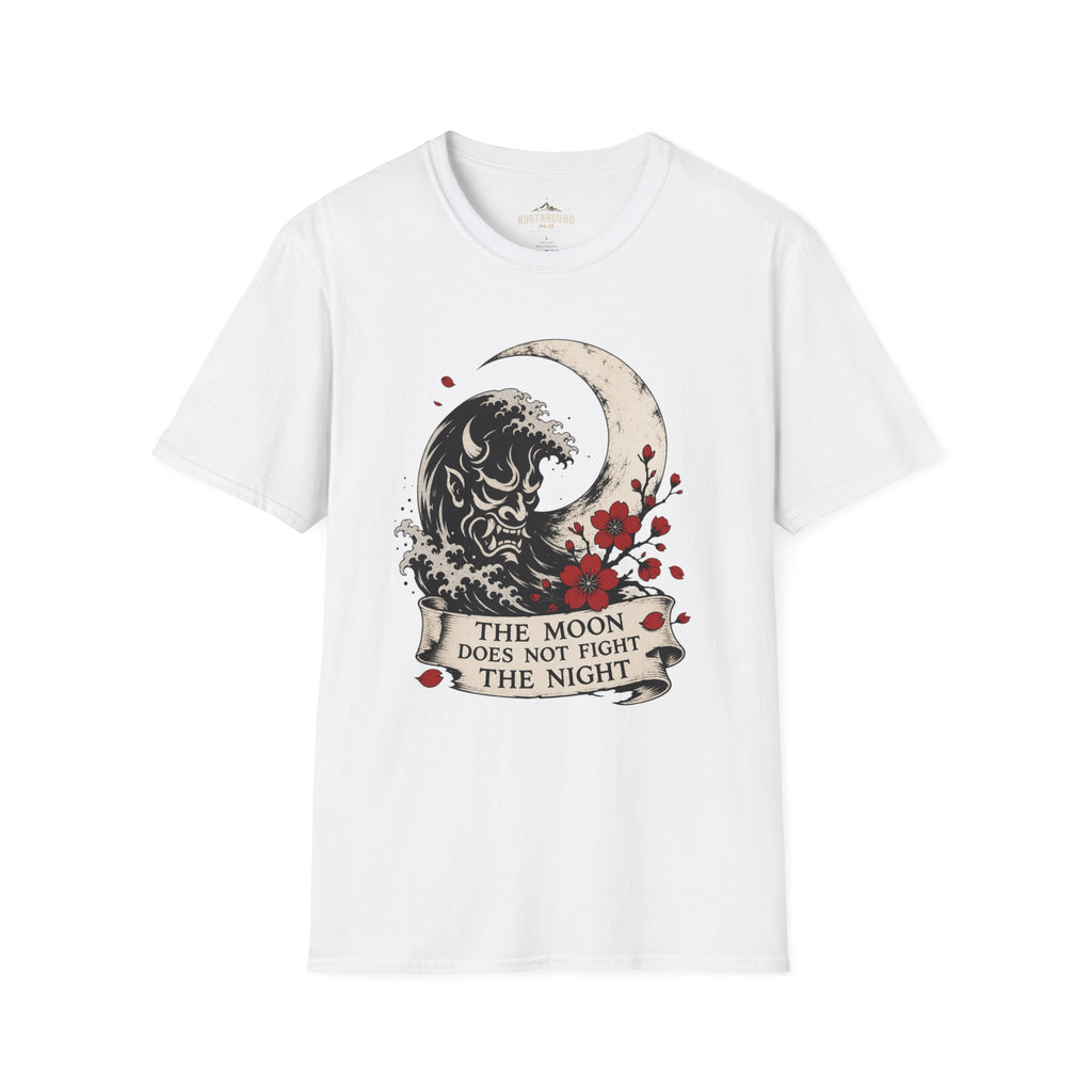Moon & Wave Graphic T-Shirt — “The Moon Does Not Fight The Night” Inspirational Tee