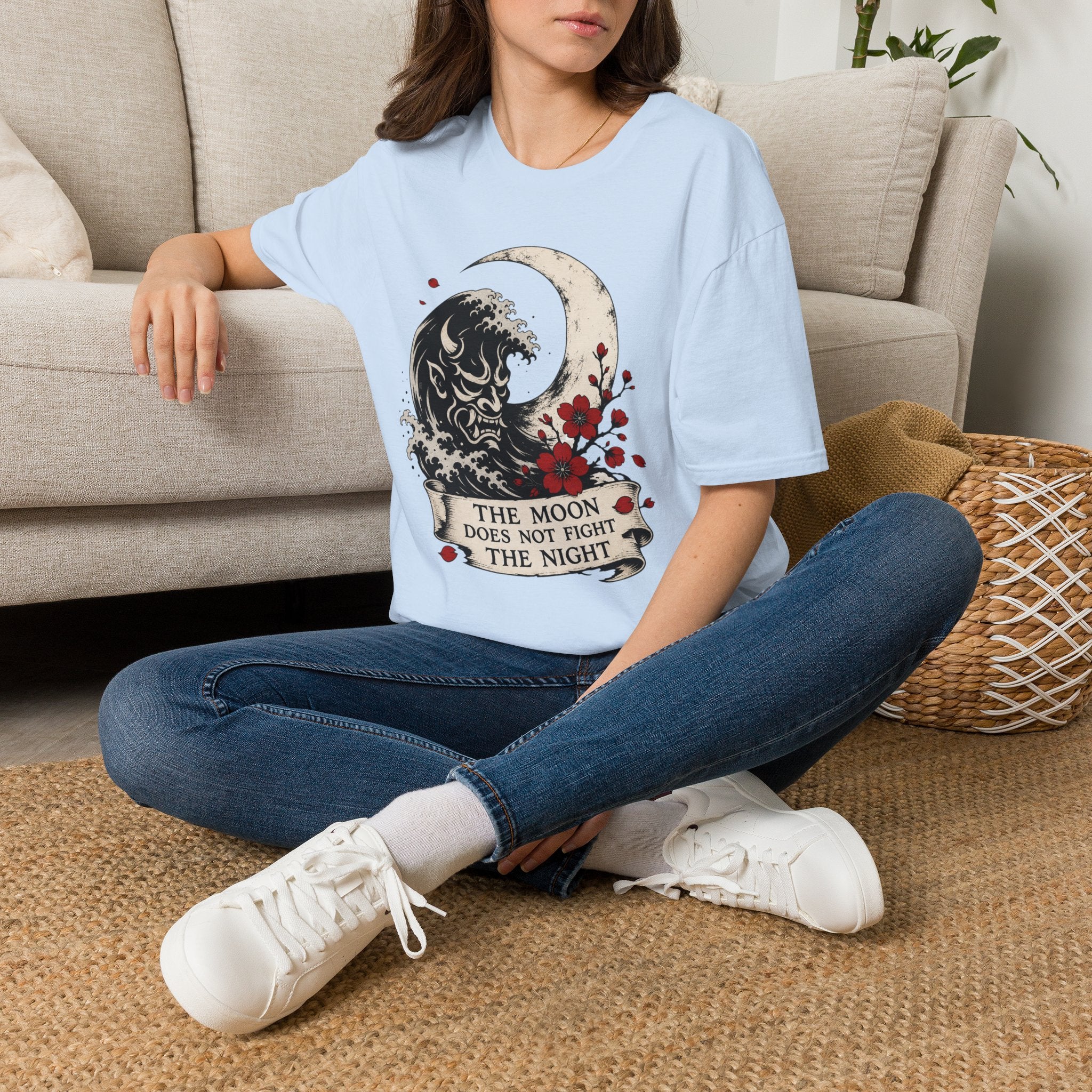 Moon & Wave Graphic T-Shirt — “The Moon Does Not Fight The Night” Inspirational Tee