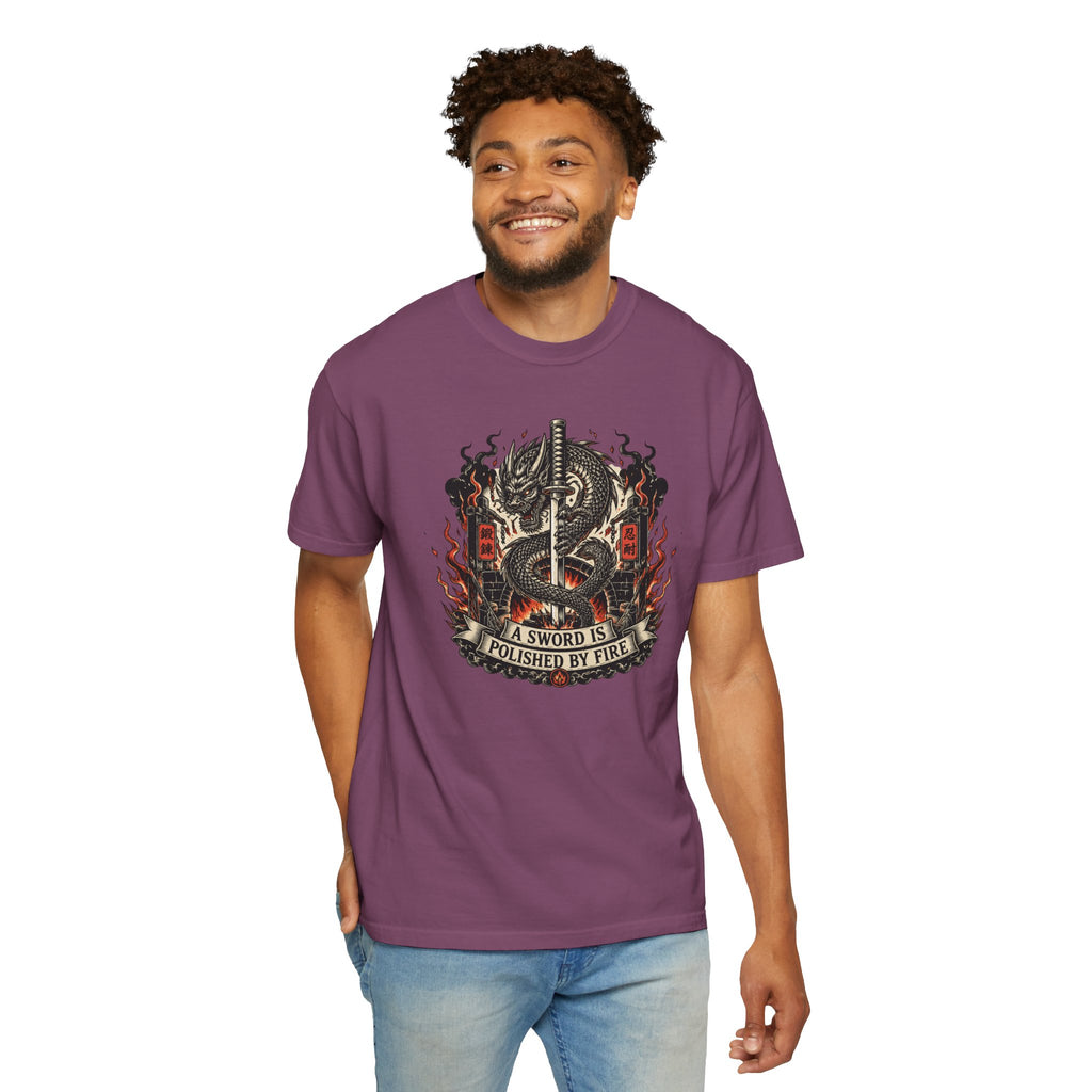 Sword & Flame Graphic T-Shirt — "A Sword Is Polished By Fire"