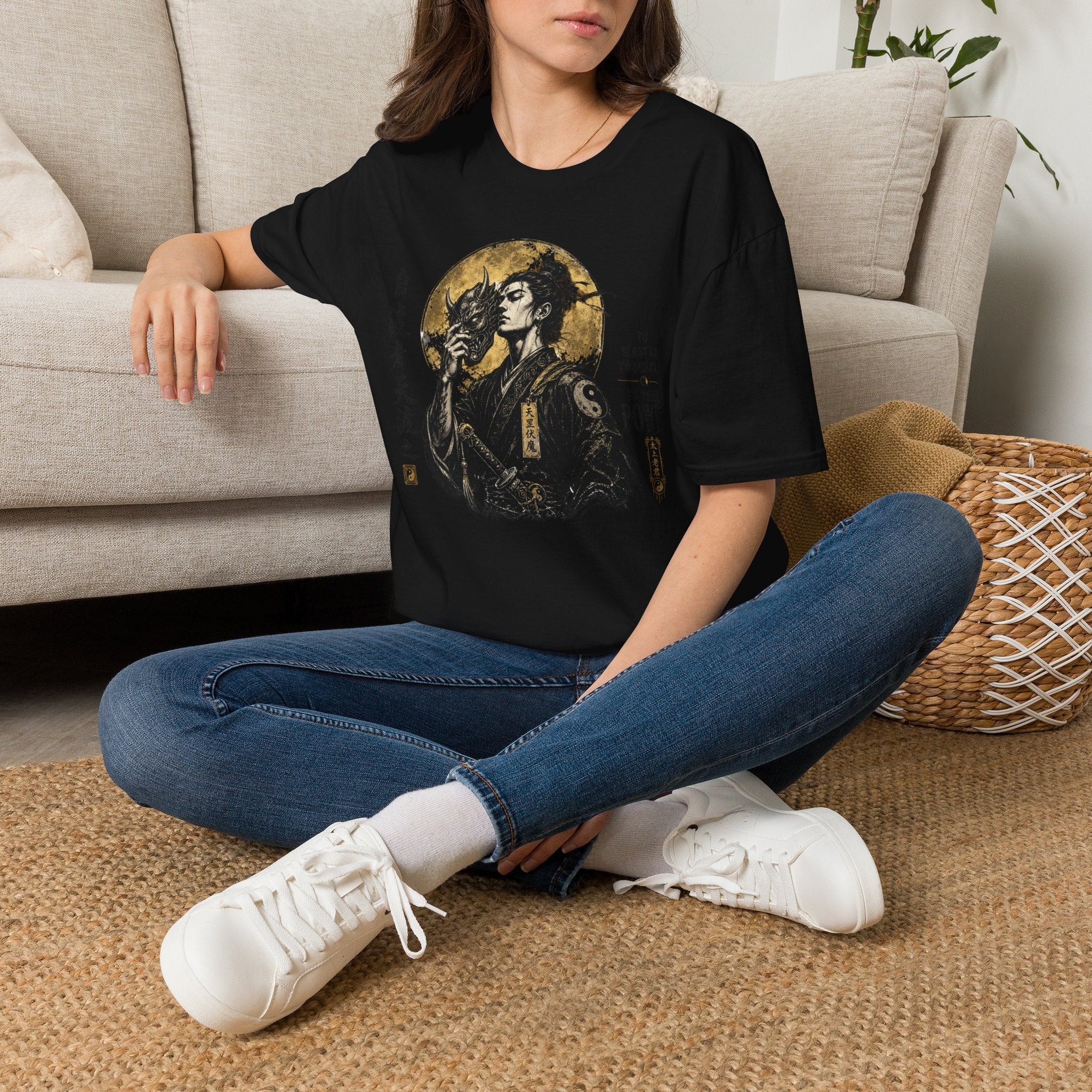 Samurai Mask Graphic T-Shirt — Japanese Warrior Moon Illustration
