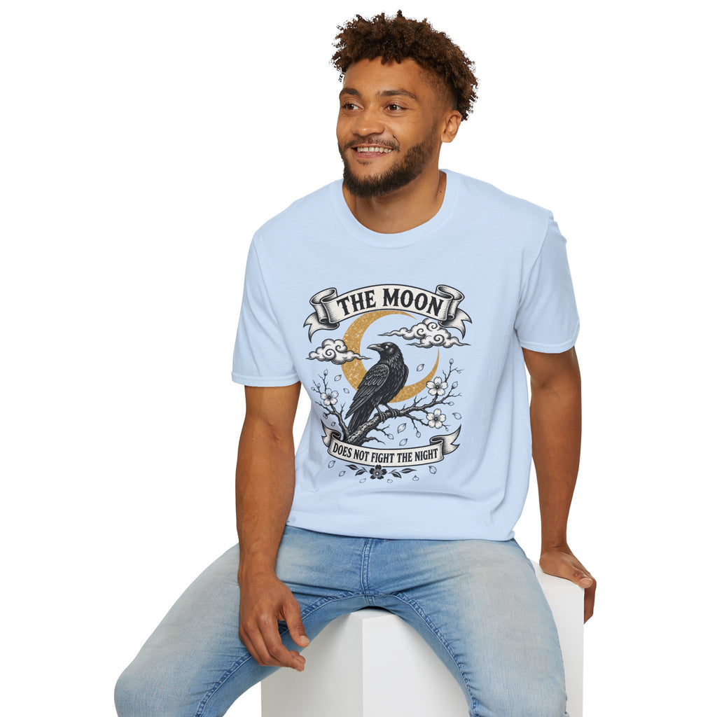 Moon & Raven T-Shirt — "The Moon Does Not Fight The Moon" Gothic Celestial Tee