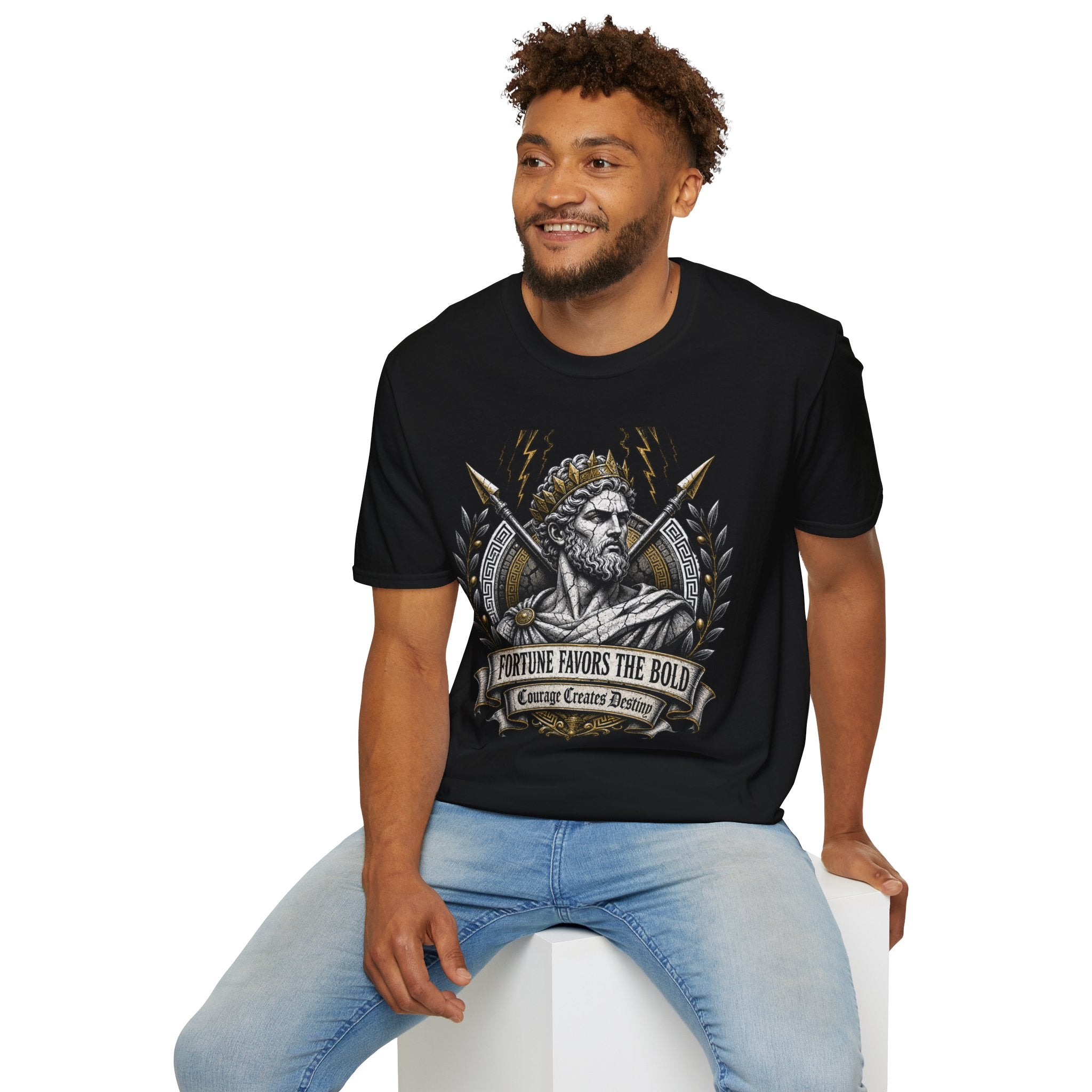 Zeus Lightning T-Shirt — 'Fortune Favors the Bold' Greek God Graphic Tee