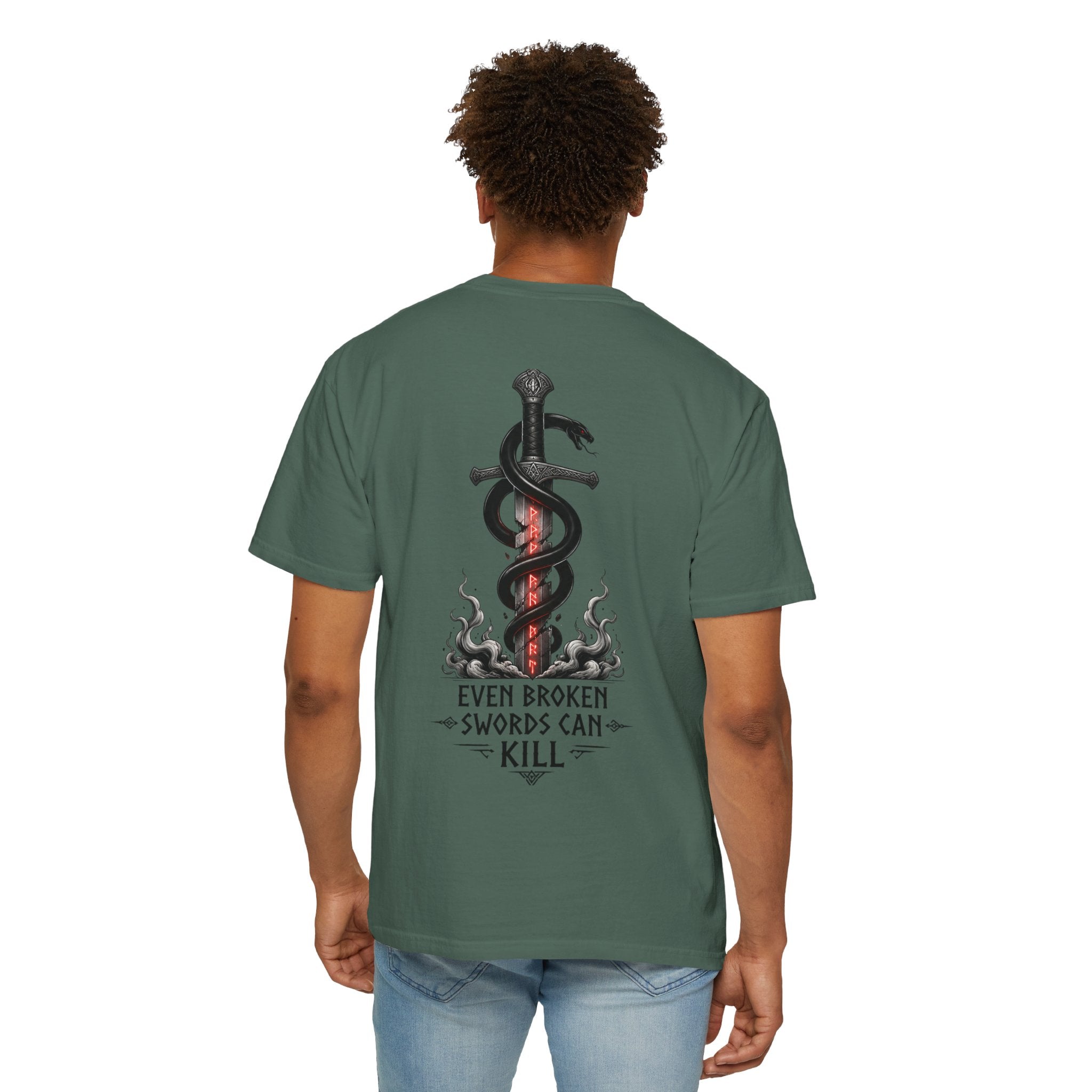 Graphic T-Shirt — 'Even Broken Swords Can Kill' Snake & Sword Back Print