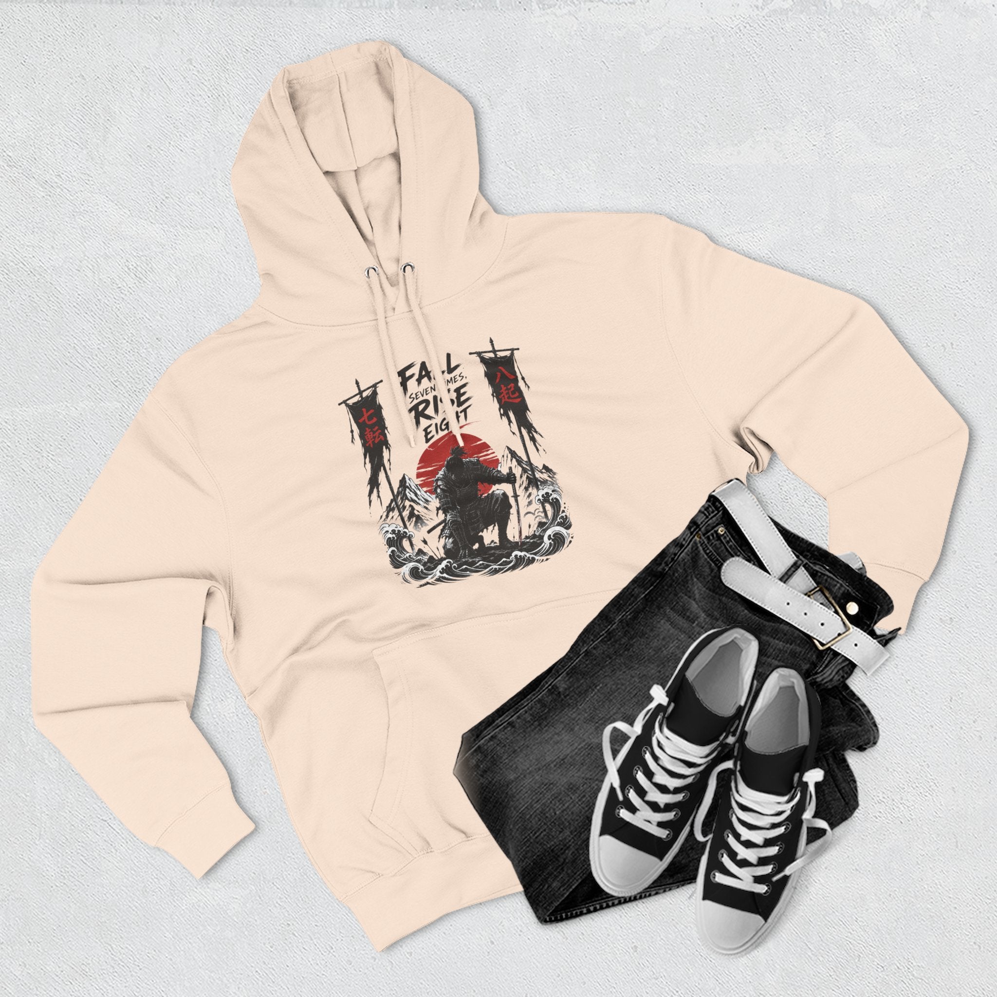 Samurai Sunset Hoodie — "Fall Rise Fight" Graphic Fleece Hoodie