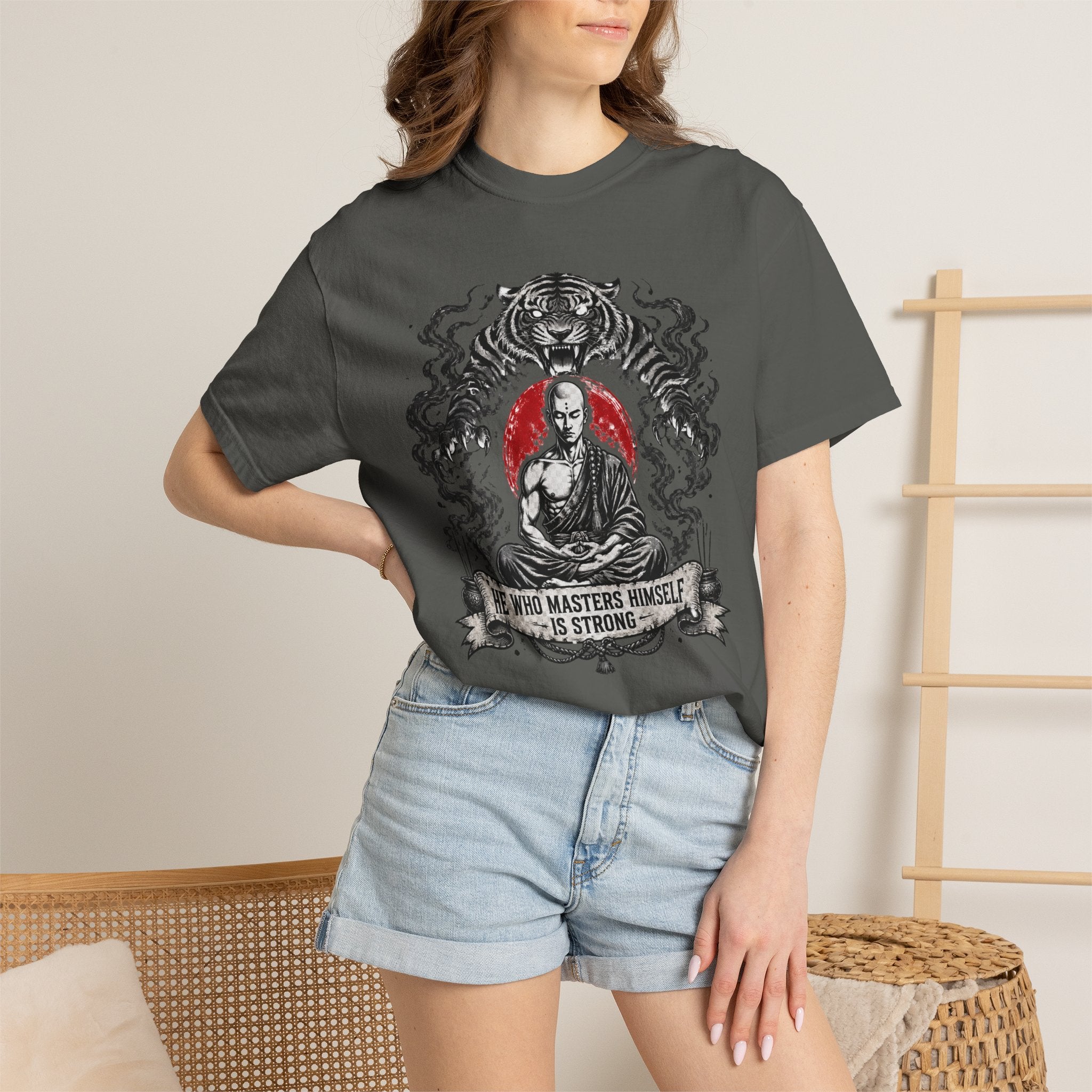 Meditation Tiger T-Shirt — "He Who Masters Himself is Strong" Zen Graphic Tee