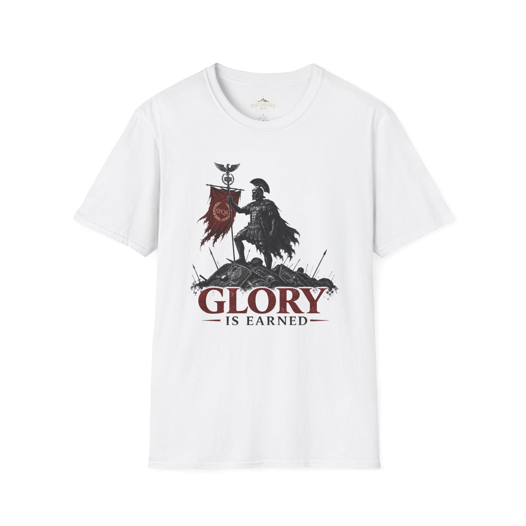 Gladiator Shield T-Shirt — "Glory Is Earned" Warrior Roman Tee