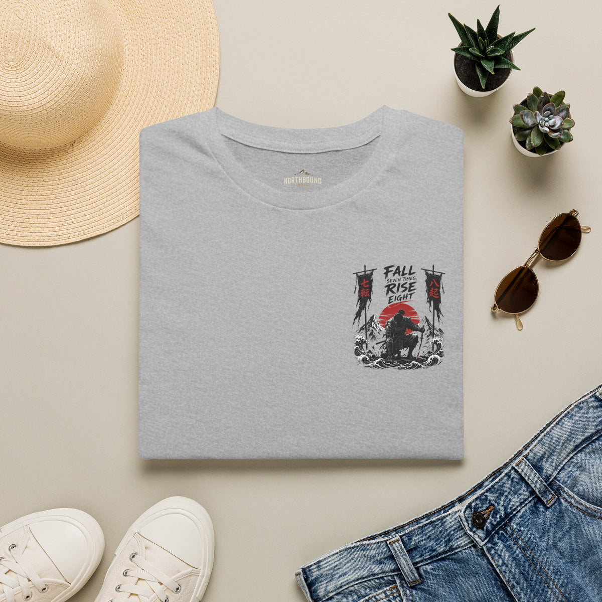 T-Shirt — 'Fall, Rise, Repeat' Samurai Chest Print