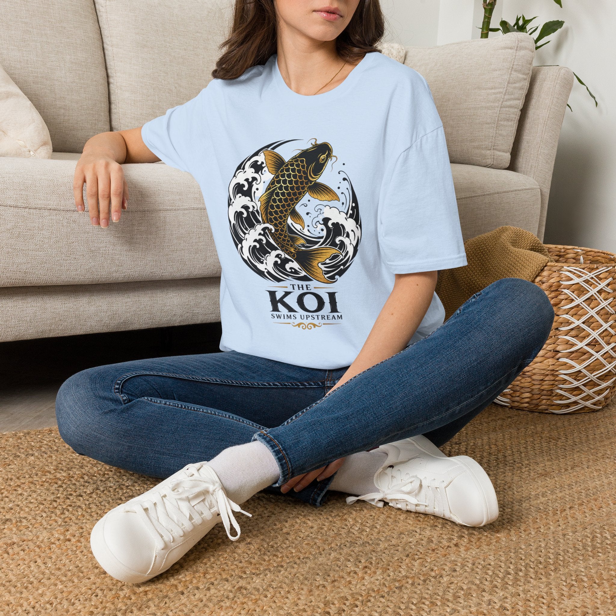 Koi Fish T-Shirt — Black & Gold Japanese Wave Graphic