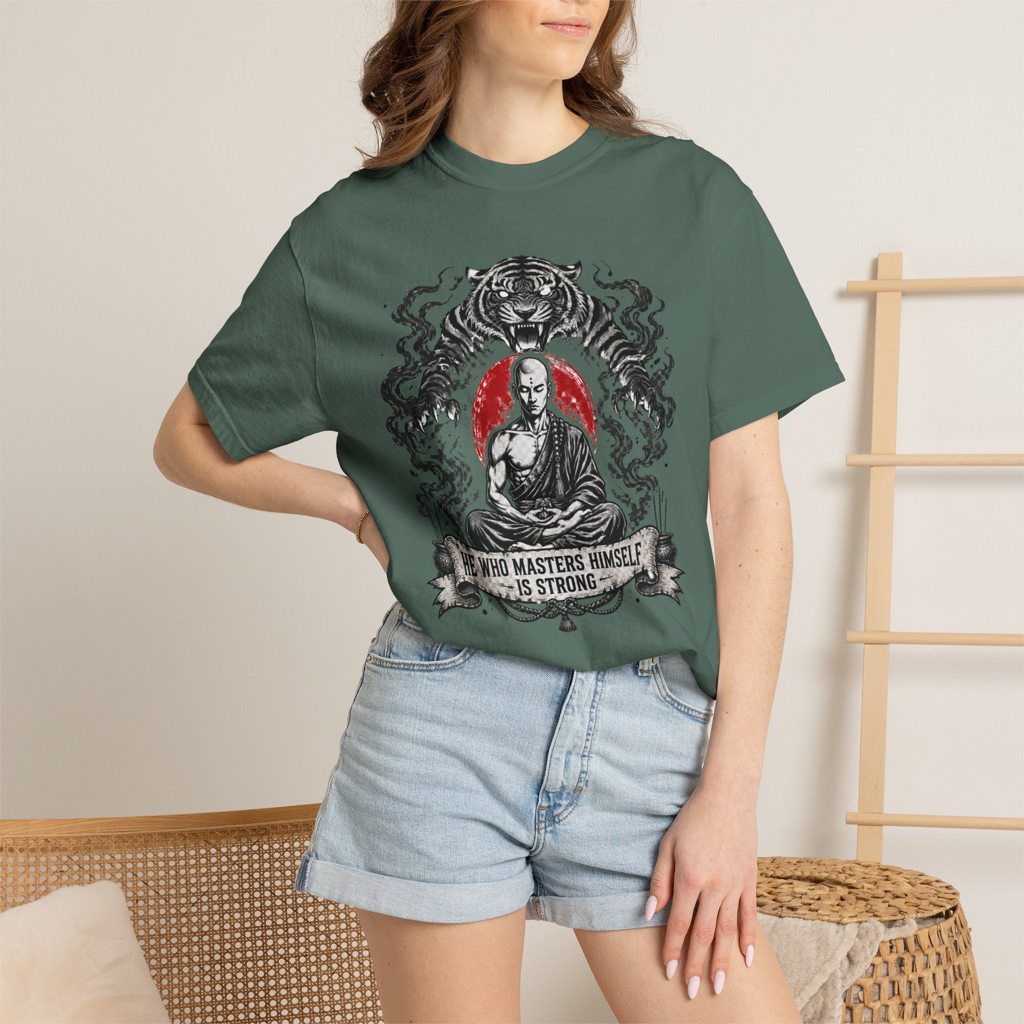 Meditation Tiger T-Shirt — "He Who Masters Himself is Strong" Zen Graphic Tee