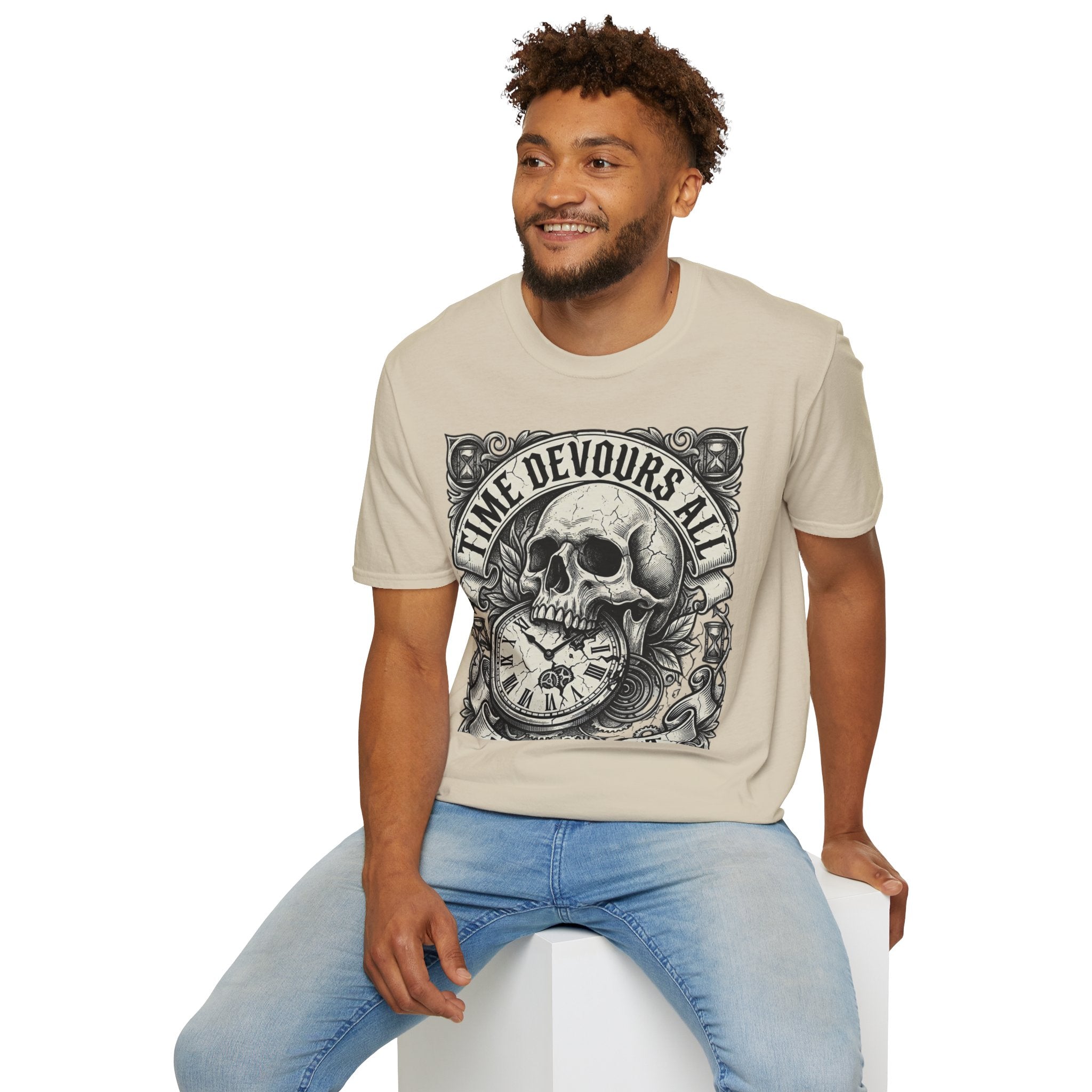 Time Devours All Skull T-Shirt – Vintage Gothic Skull & Pocket Watch Tee