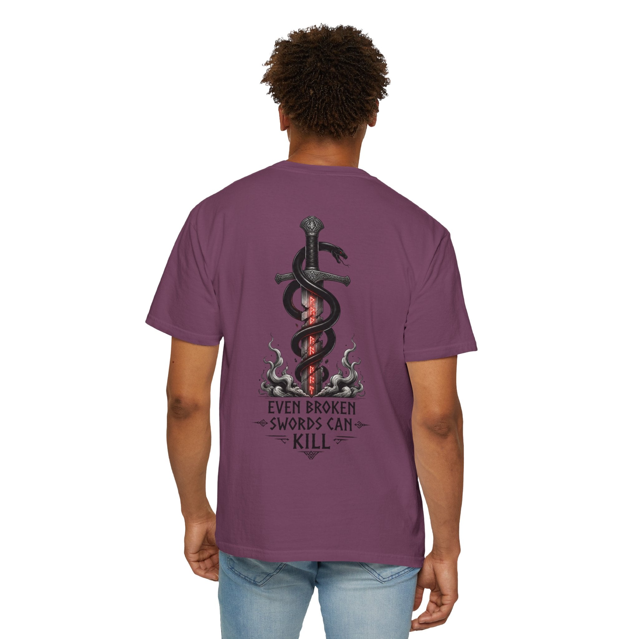 Graphic T-Shirt — 'Even Broken Swords Can Kill' Snake & Sword Back Print