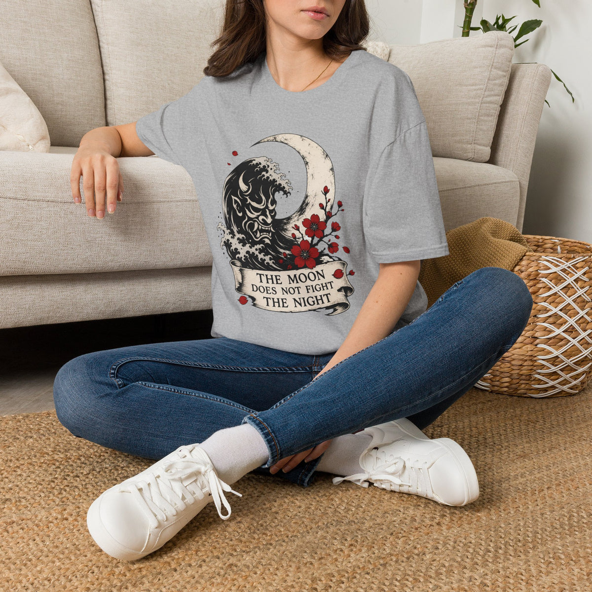 Moon & Wave Graphic T-Shirt — "The Moon Does Not Fight The Night"