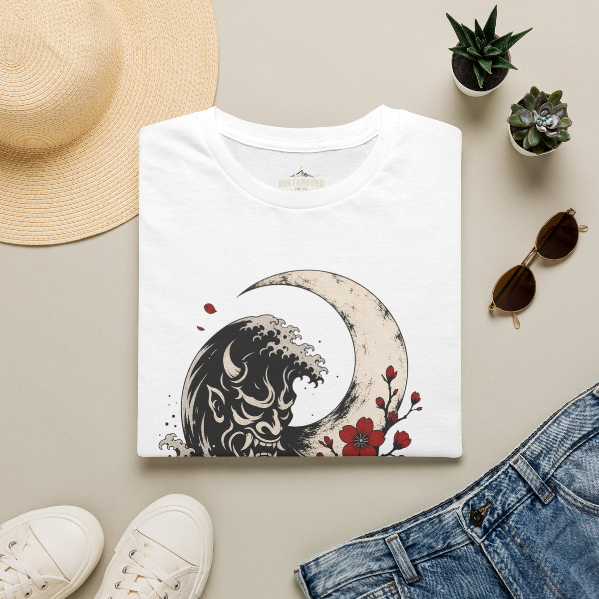 Moon & Wave Graphic T-Shirt — "The Moon Does Not Fight The Night"