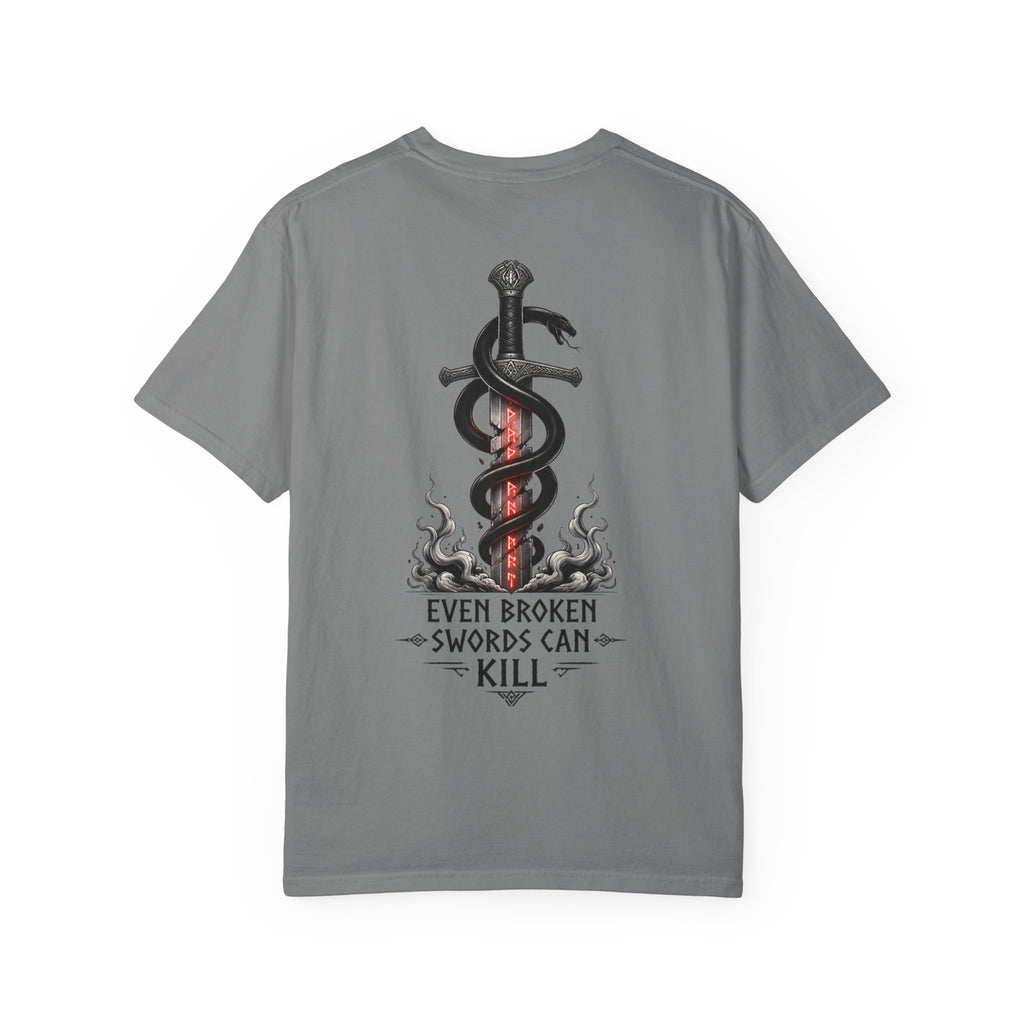 Graphic T-Shirt — 'Even Broken Swords Can Kill' Snake & Sword Back Print